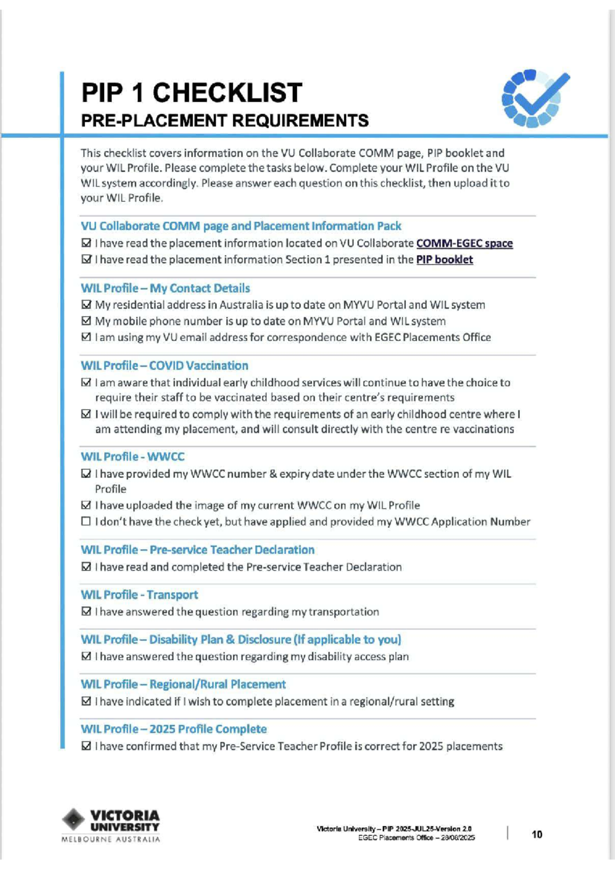 PIP 1 Checklist Requirements for WIL Profile Completion - Studocu