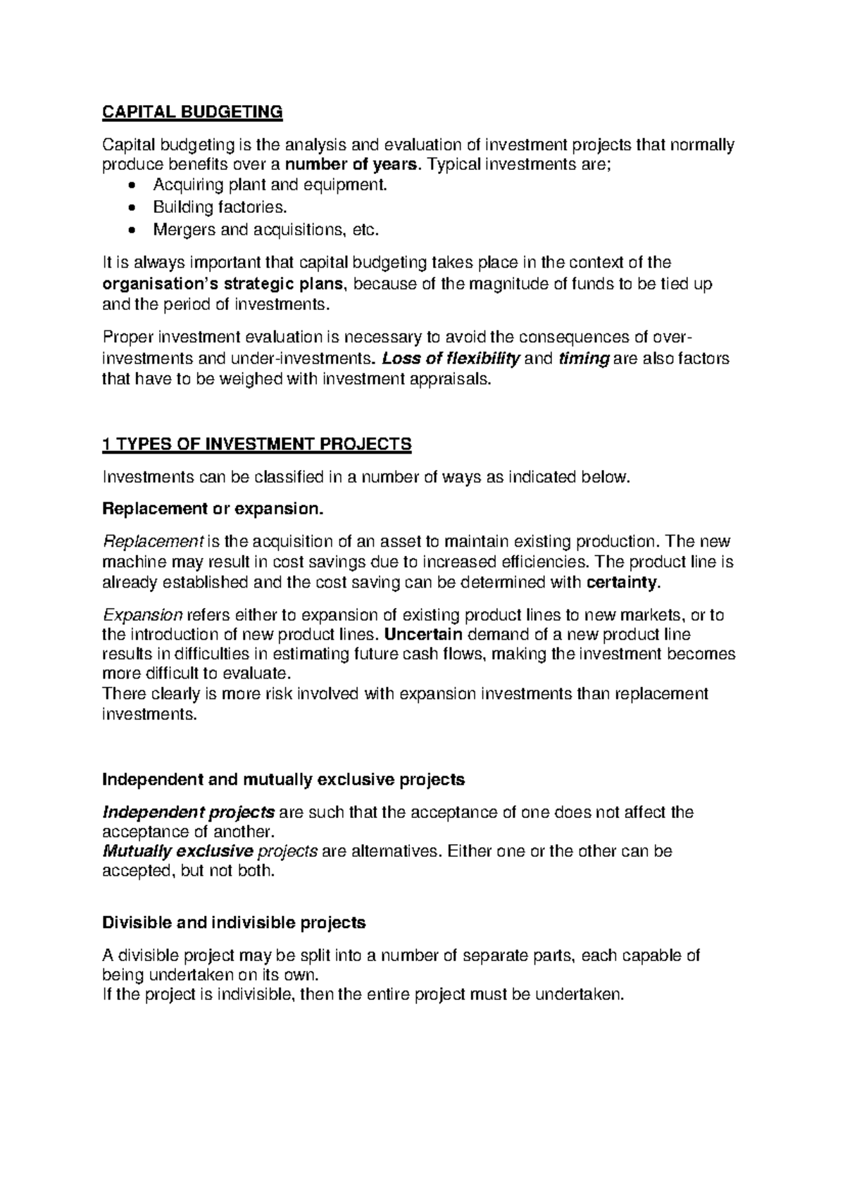 Capital Budgeting - Investment Analysis Techniques and Evaluation - Studocu