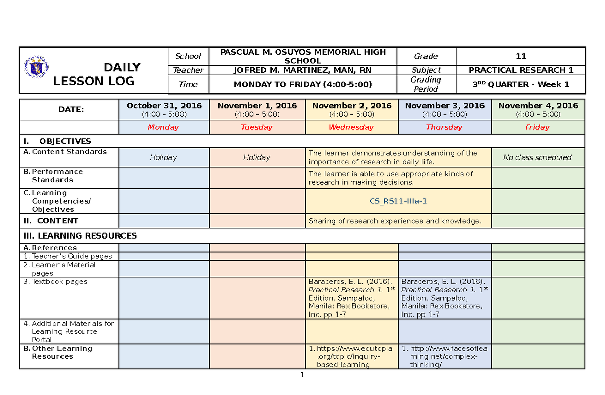 Practical Research 1: Daily Lesson Log for Grade 11 - Q3 Week 1 - Studocu