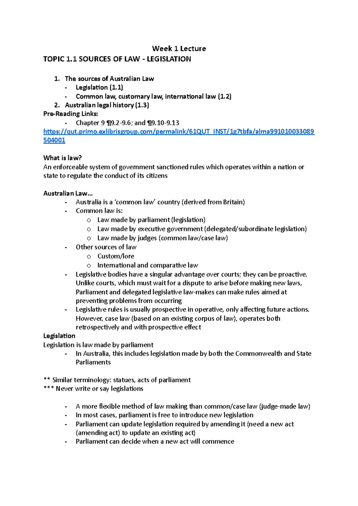 Week 1 Lecture Notes: Introduction to Law (LLB101) - Sources of Law ...