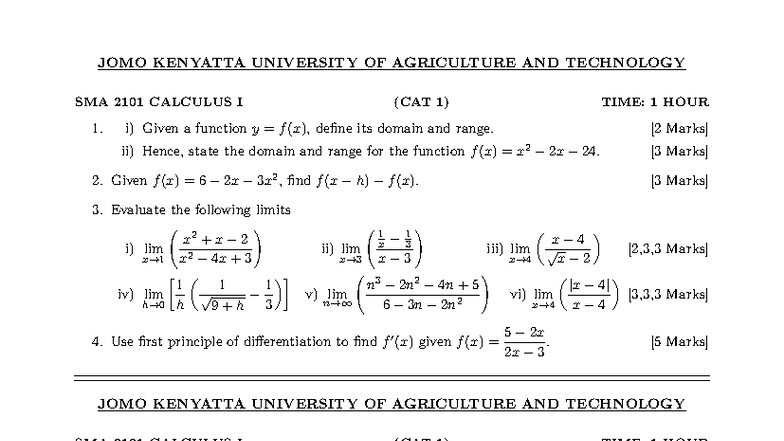 SMA 2101 Calculus I CAT 1 Exam Questions - September 2023 - Studocu