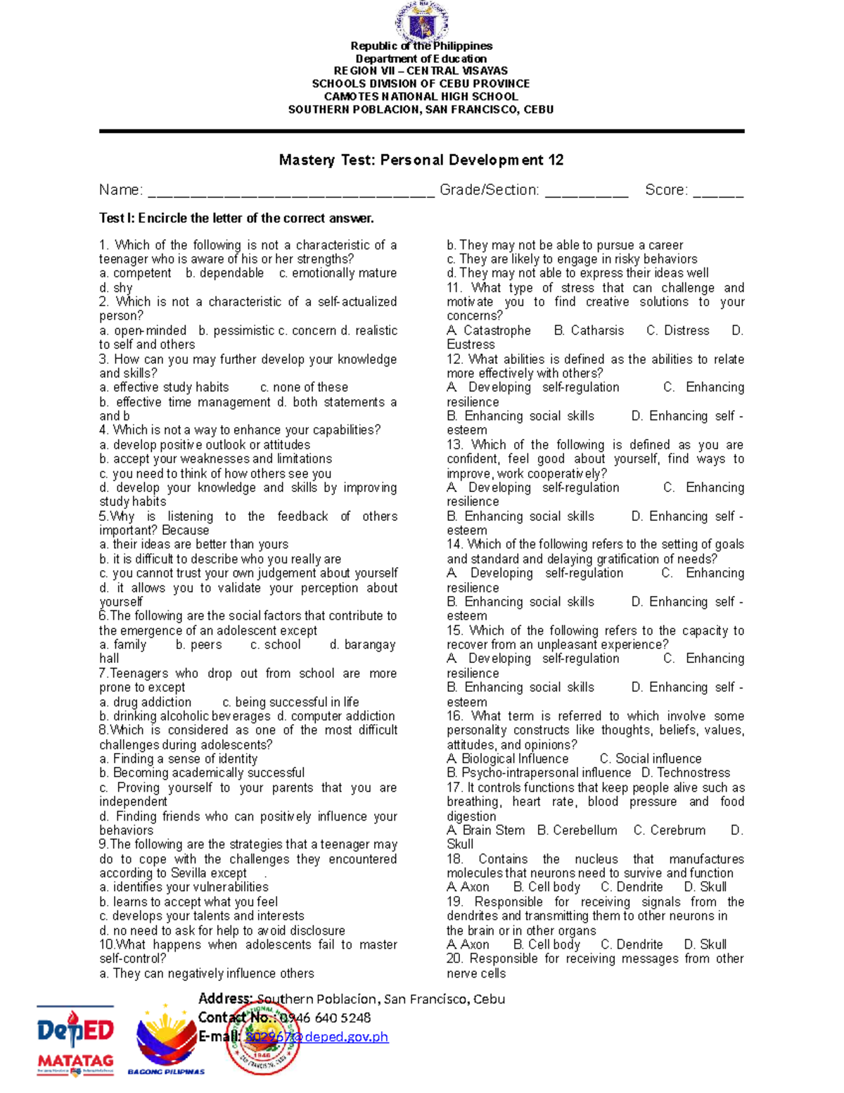 Mastery Test: Personal Development 12 - Key Concepts and Questions ...