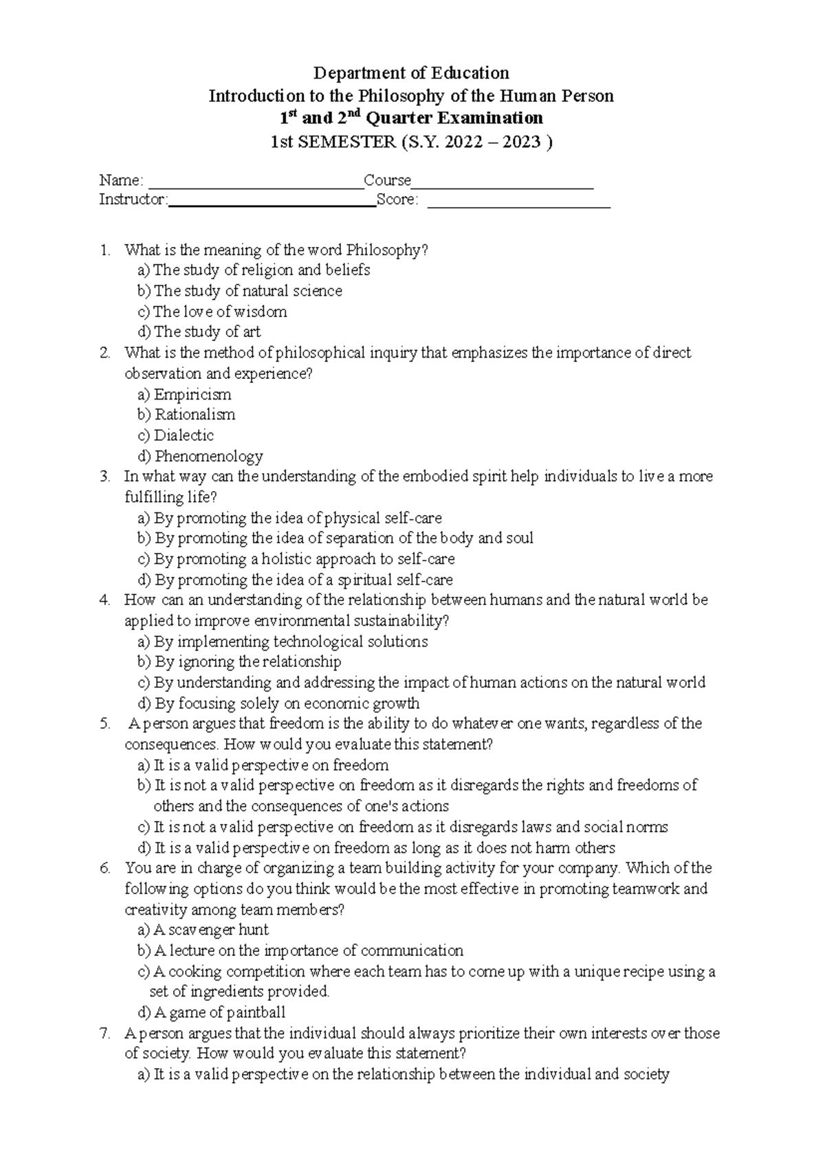 Philosophy 1st & 2nd Quarter Exam - Reviewer Questions (S.Y. 2022-2023 ...