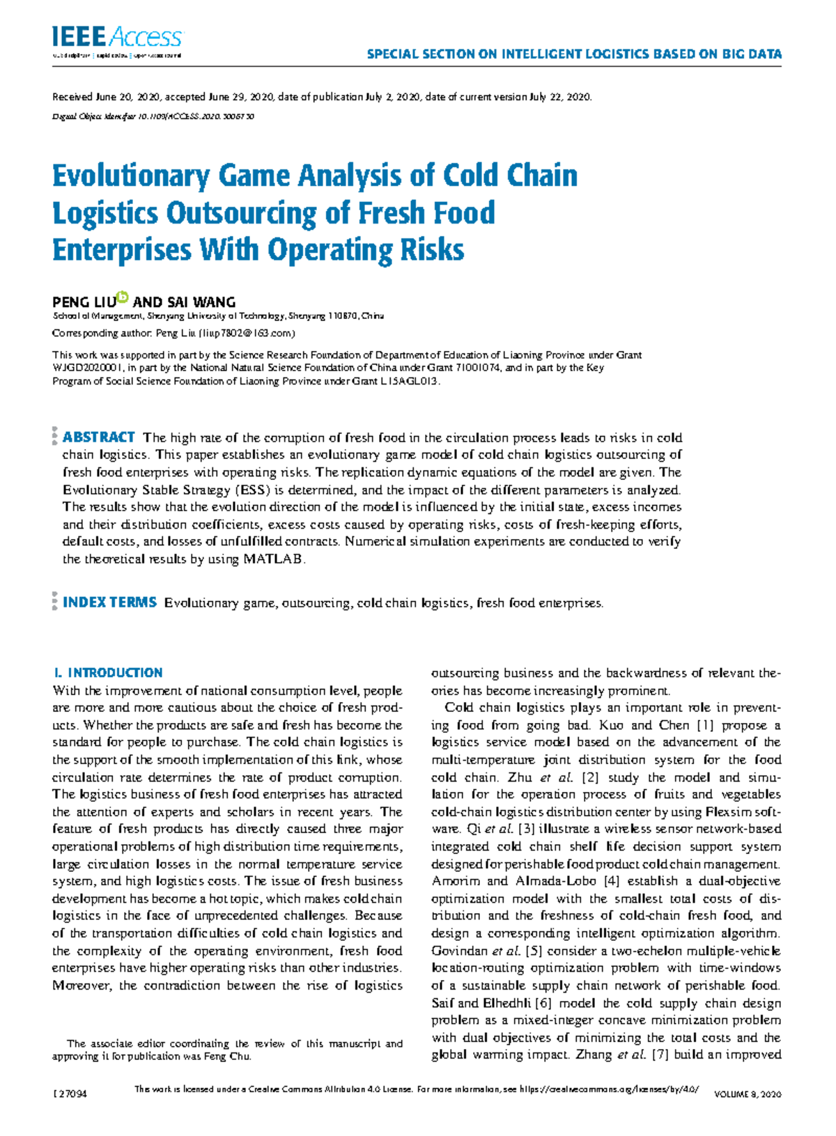 Evolutionary Game Analysis of Cold Chain Logistics Outsourcing (2020 ...