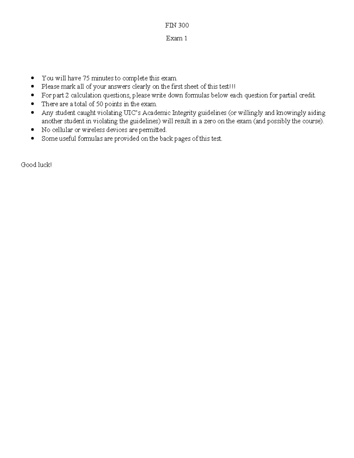FIN 300 Exam 1 - Key Financial Calculations and Concepts - Studocu