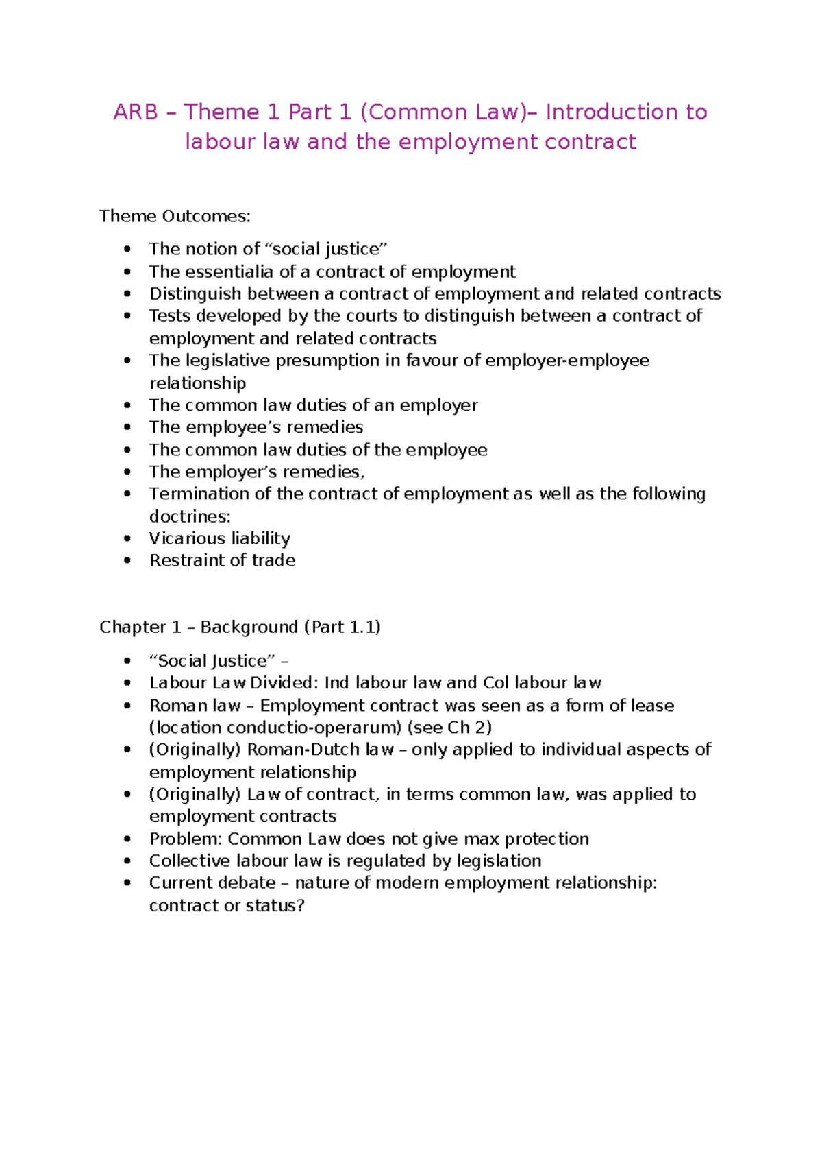 ARB - Theme 1 - Labour Law Overview and Employment Contracts Notes ...