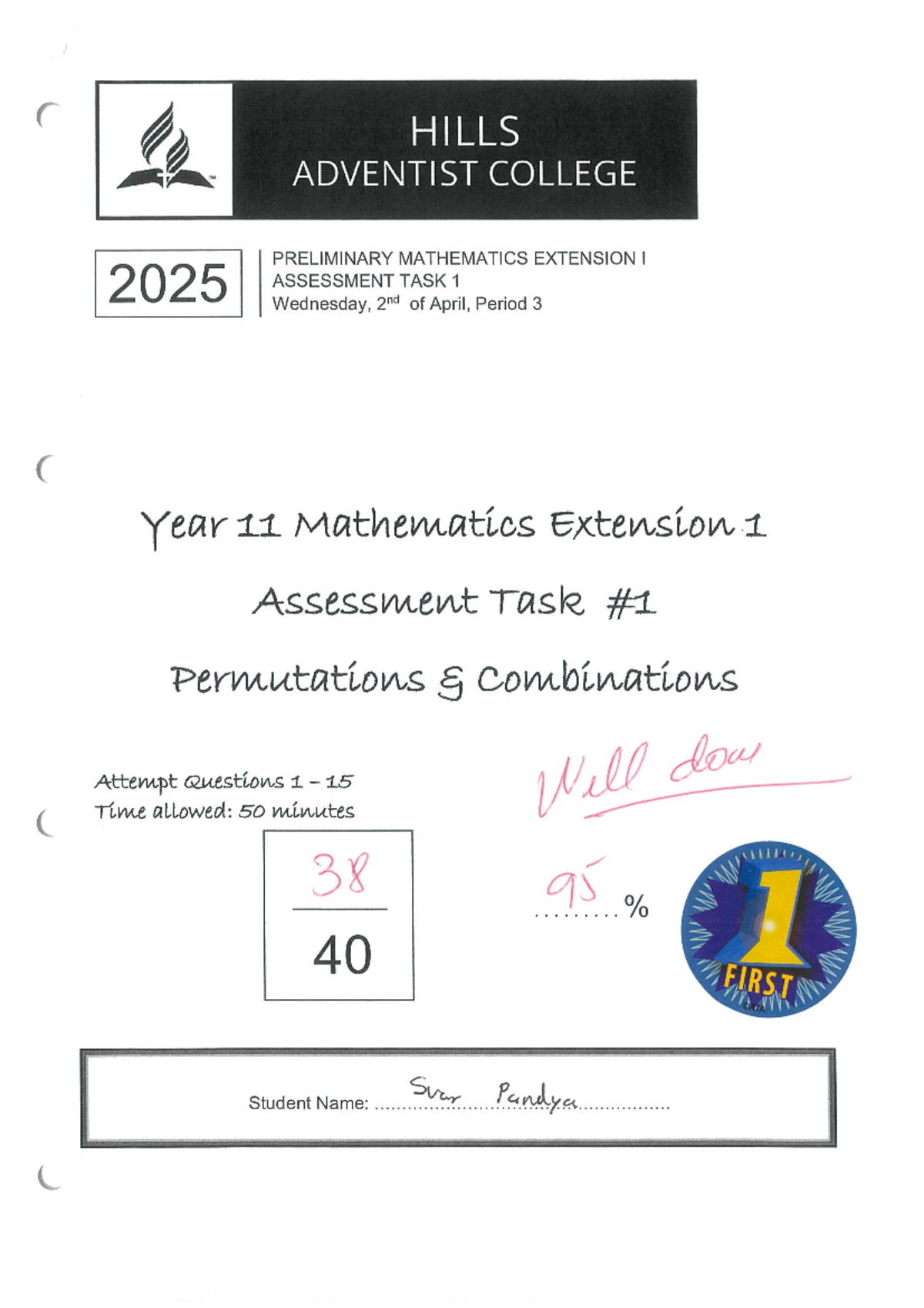 Preliminary Mathematics Extension I (2025) Assessment Task 1 Answers by ...