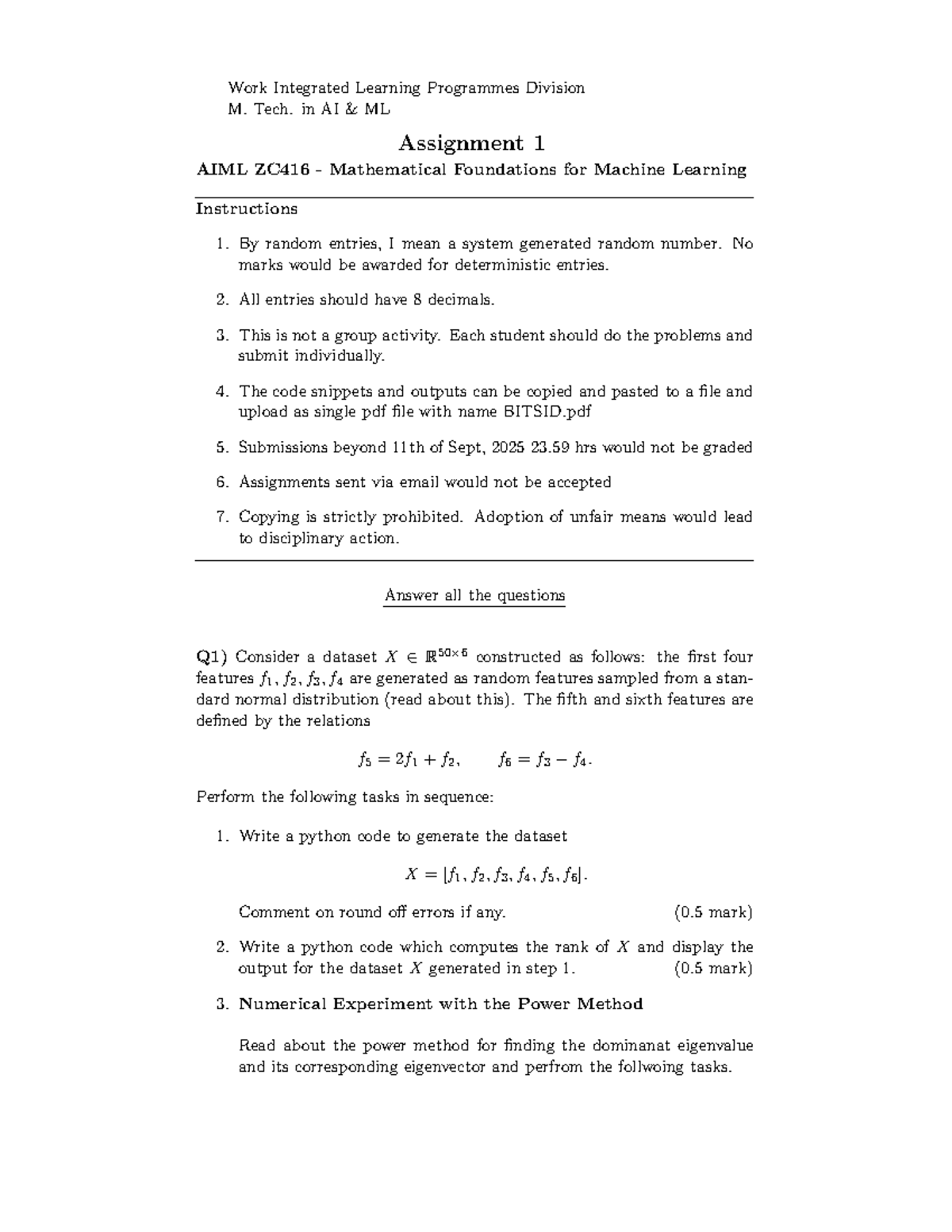 Mathematical Foundations for ML: AIML ZC416 Assignment 1 Guidelines ...