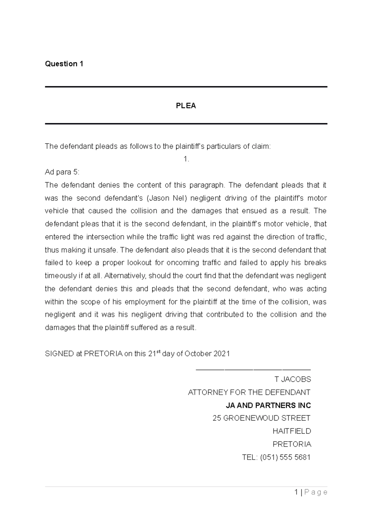 Combined Summons & POC for Divorce Case No. 234 in Gauteng - Studocu