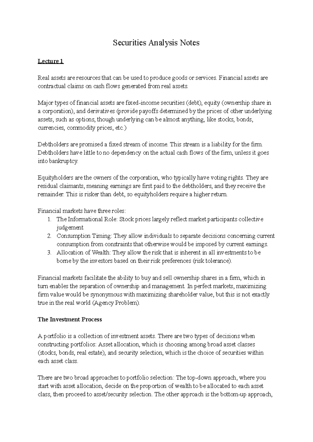 Securities Analysis Notes: Lecture 1 - Understanding Financial Assets ...