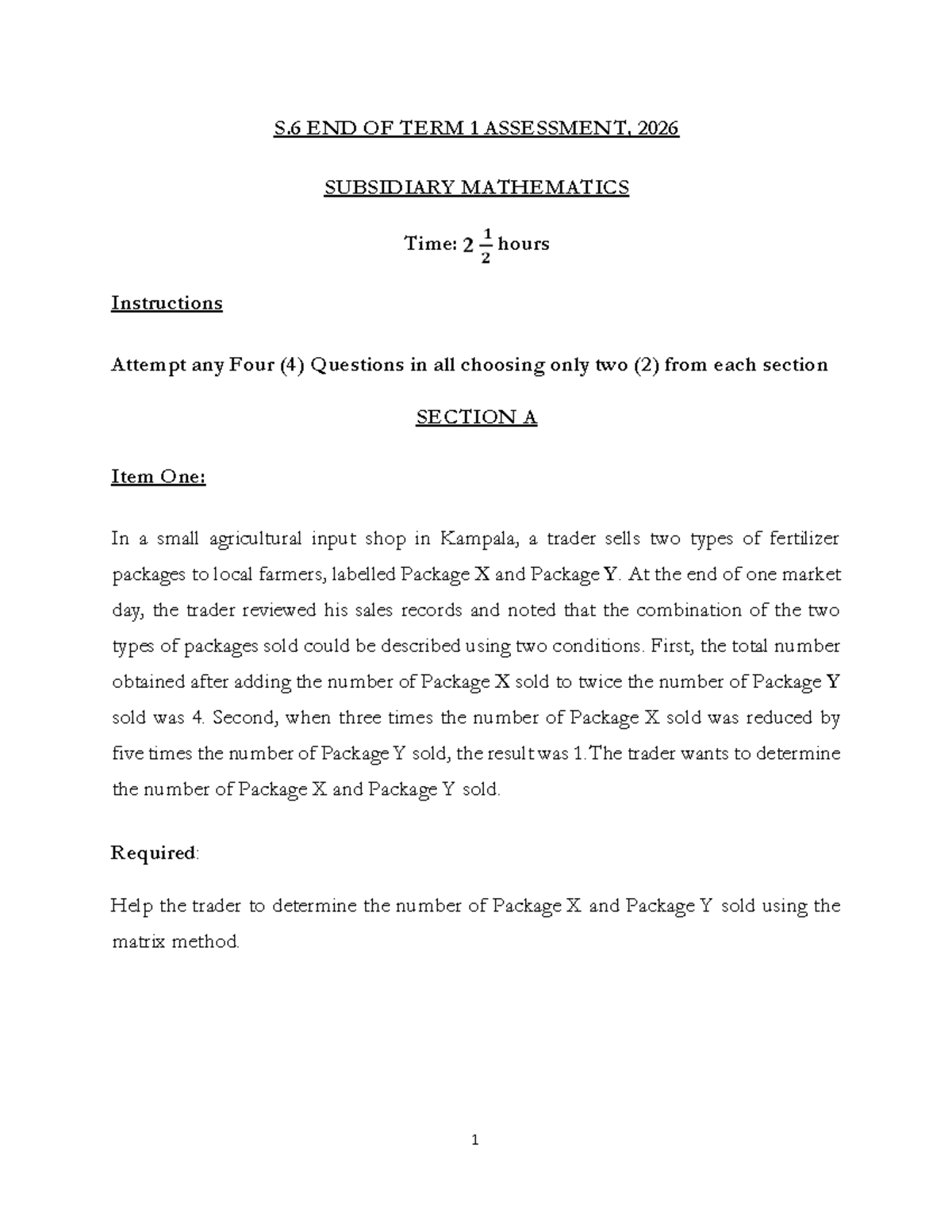 S.6 SUB MATH E.O.T 1 ASSESSMENT - Problem Solving & Analysis - Studocu