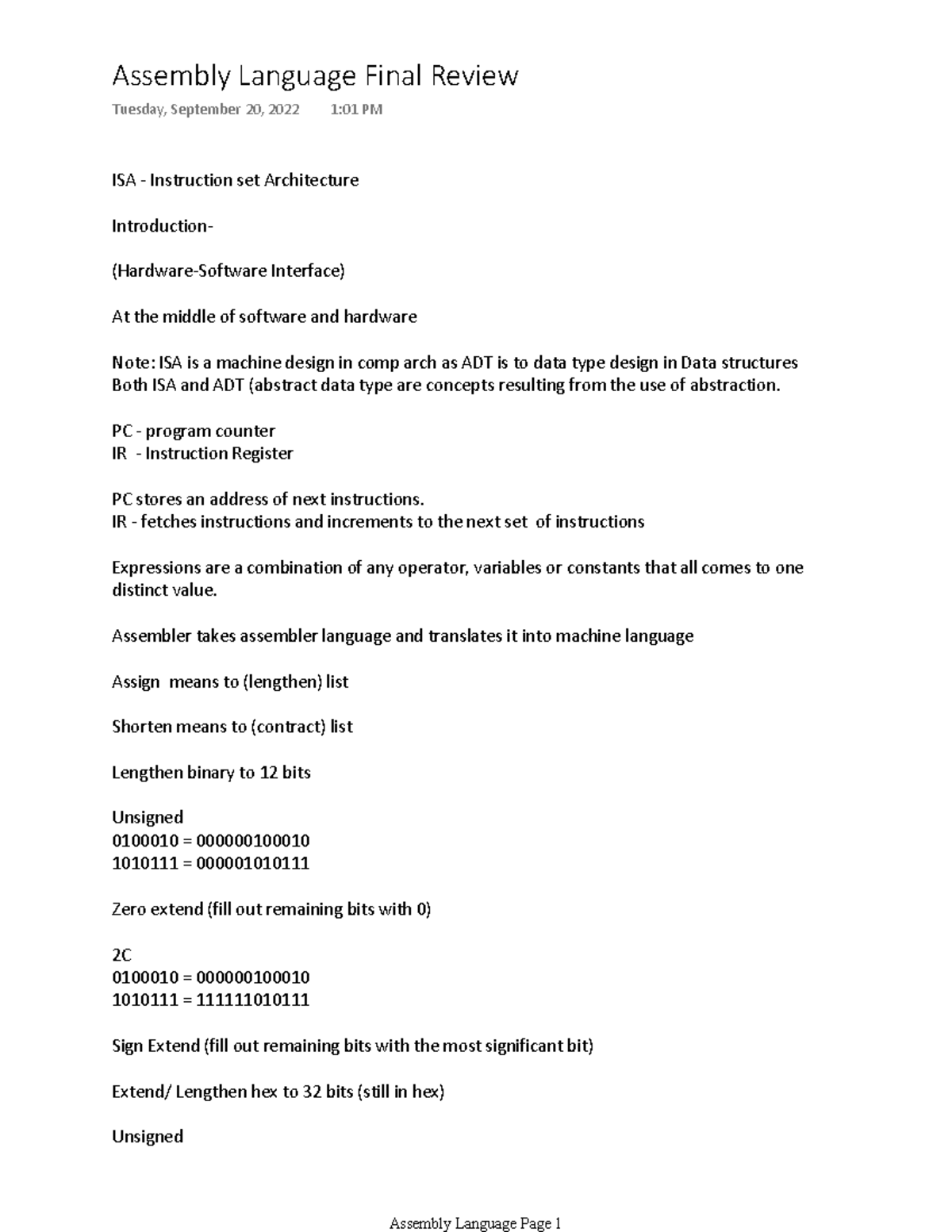 Assembly Language - Final Review 1 (CS101) - Studocu