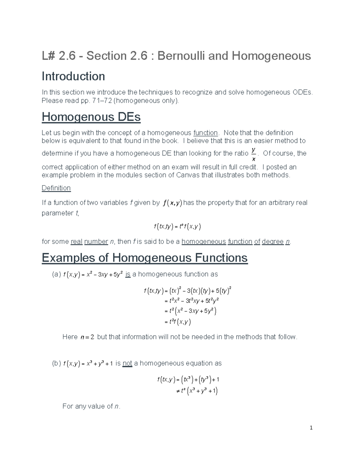 L#9 - Section 2.6: Introduction to Homogeneous ODEs - Studocu