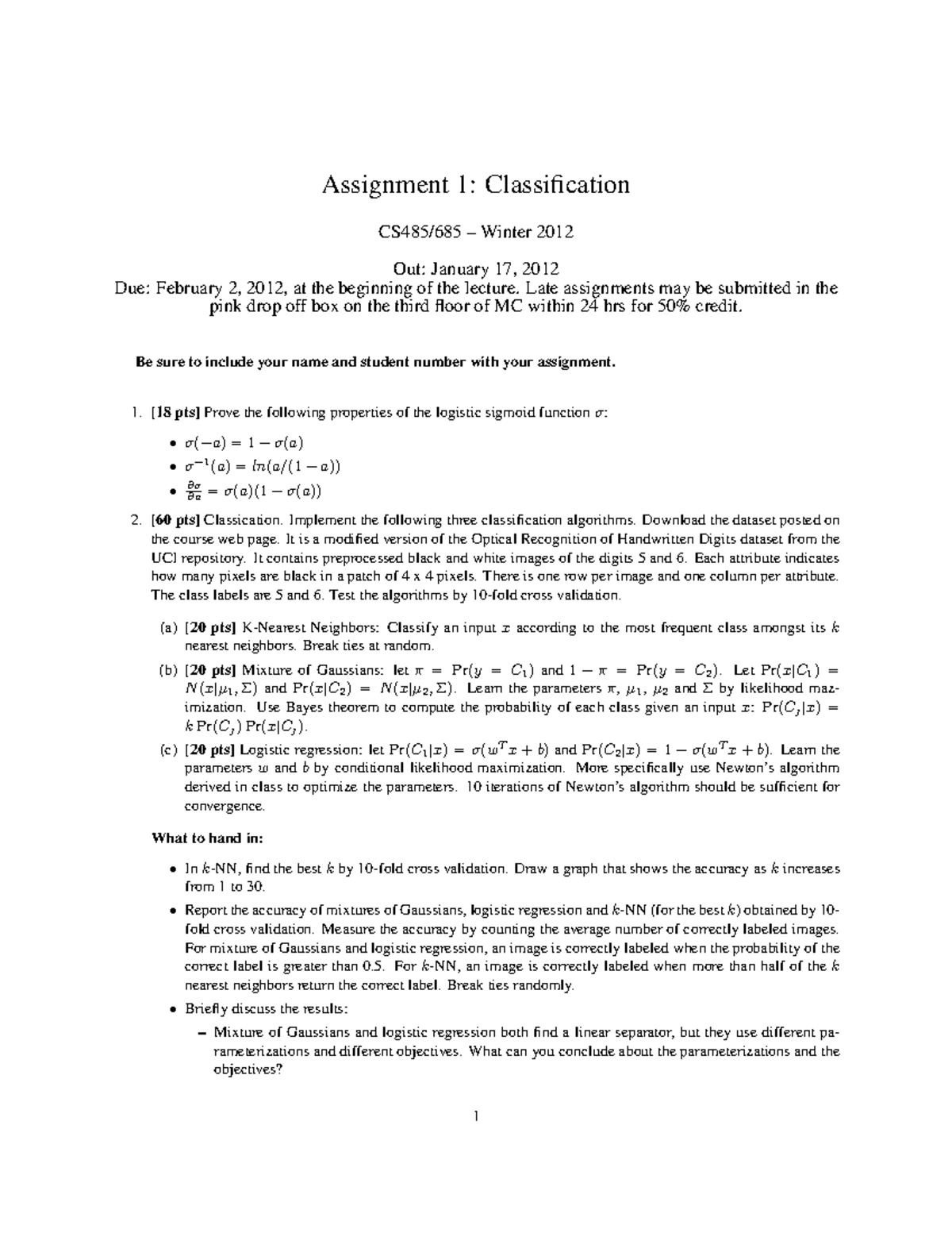 Asst1 - Classification Assignment Winter 2012: Due Feb 2 - Studocu