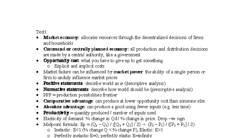 ECO 101: Review Notes for Fall 2008 Exam on Market Economy Concepts ...
