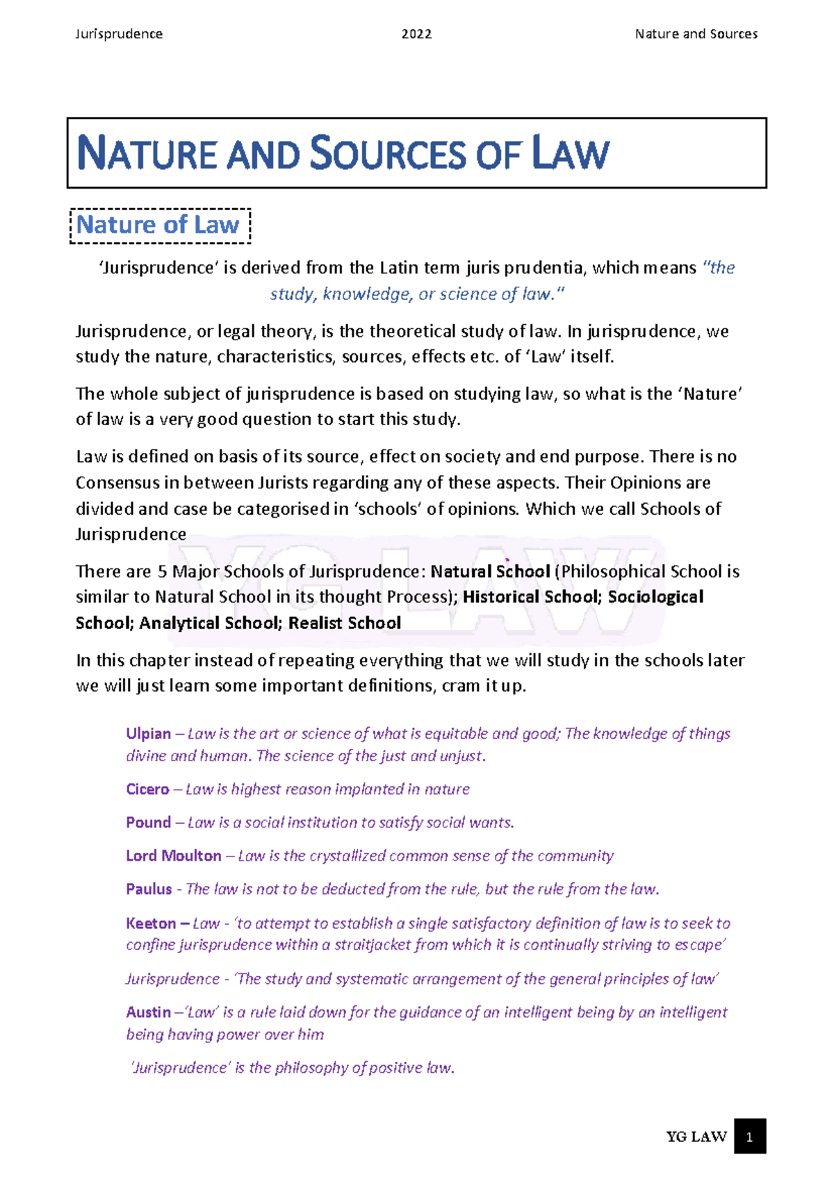 Jurisprudence 2022: Nature and Sources of Law Overview - Studocu