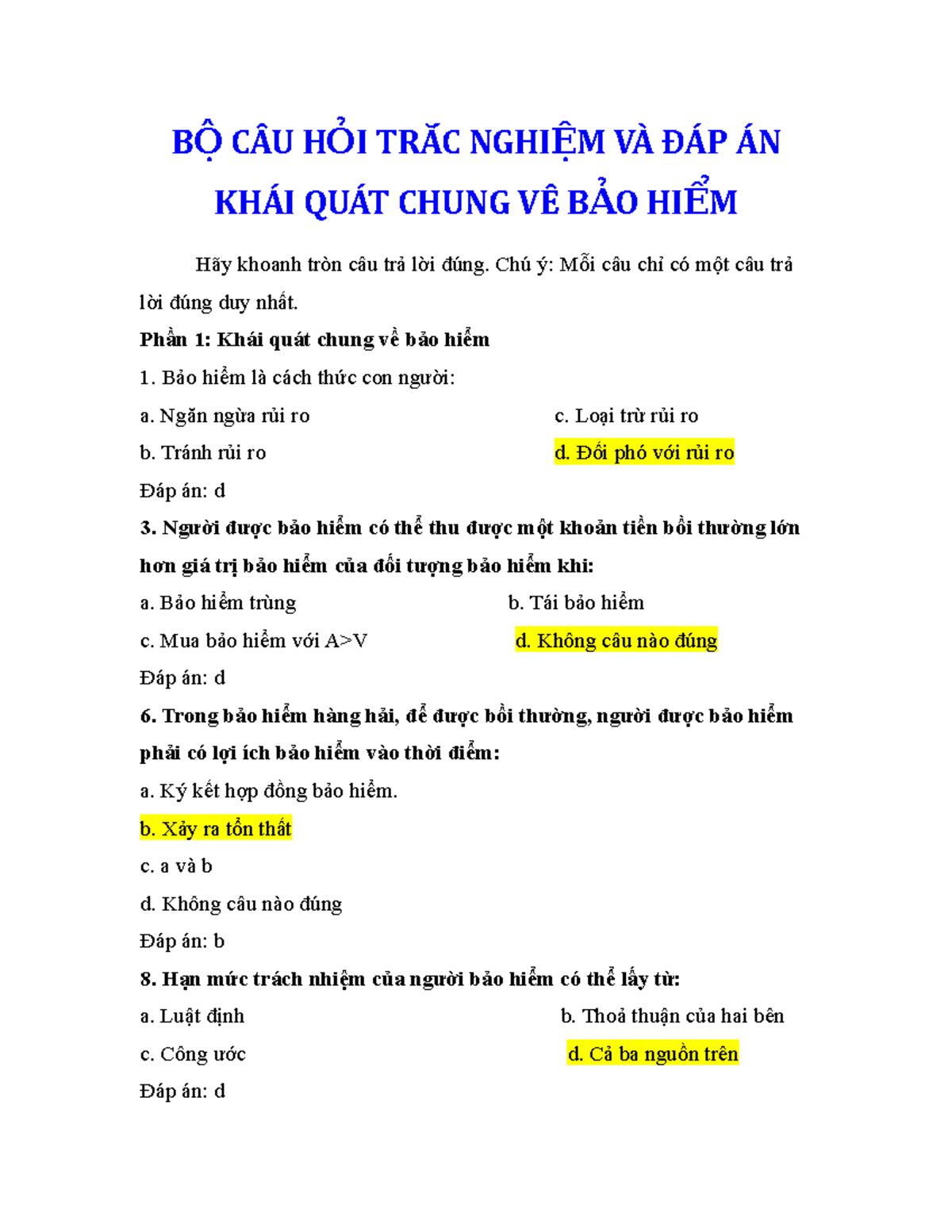 BỘ 100 CÂU TRẮC NGHIỆM VỀ BẢO HIỂM NLBH - ĐÁP ÁN CHI TIẾT - Document Preview