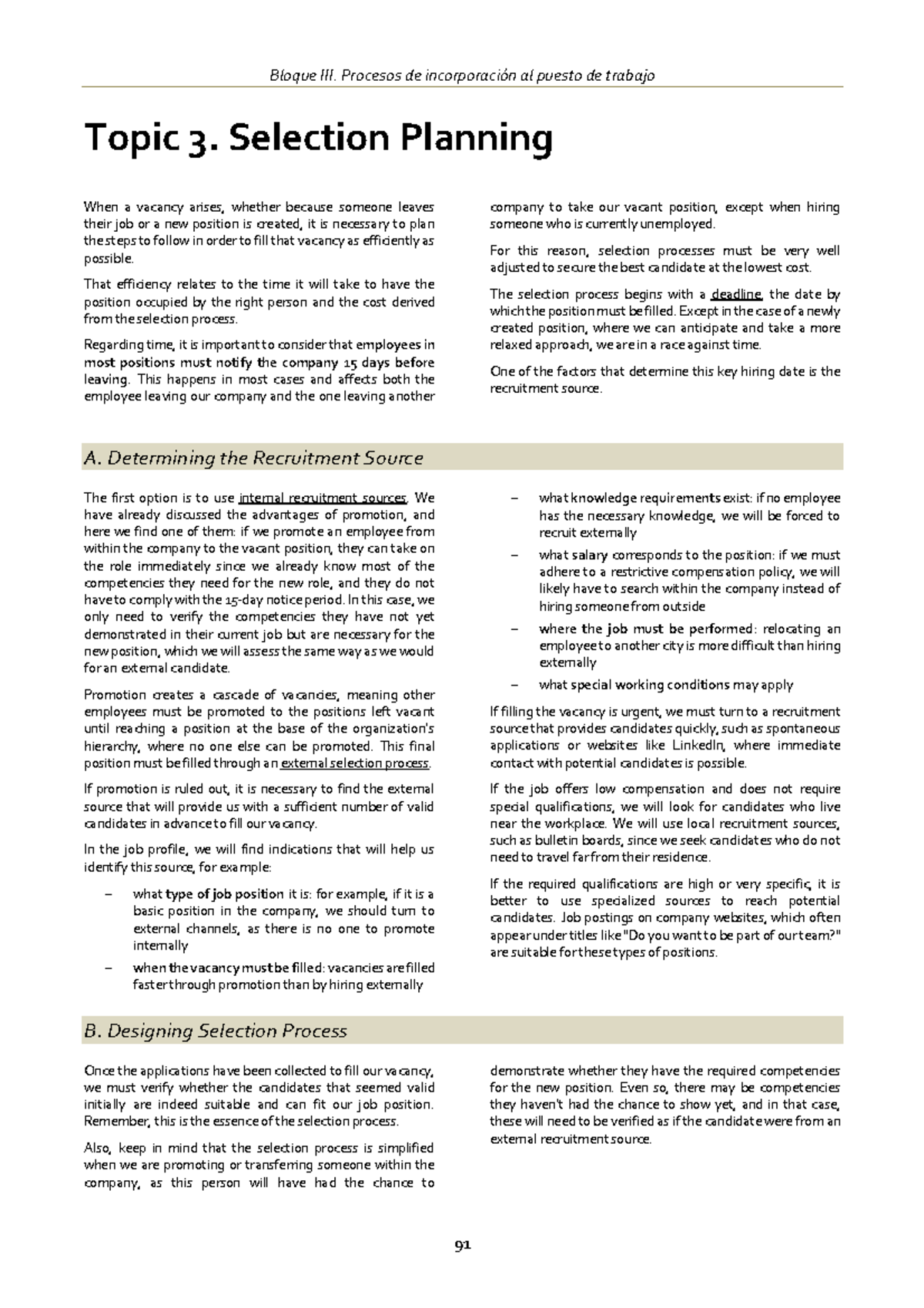 B3 Class 9 Reading - Topic 3: Selection Planning and Recruitment ...