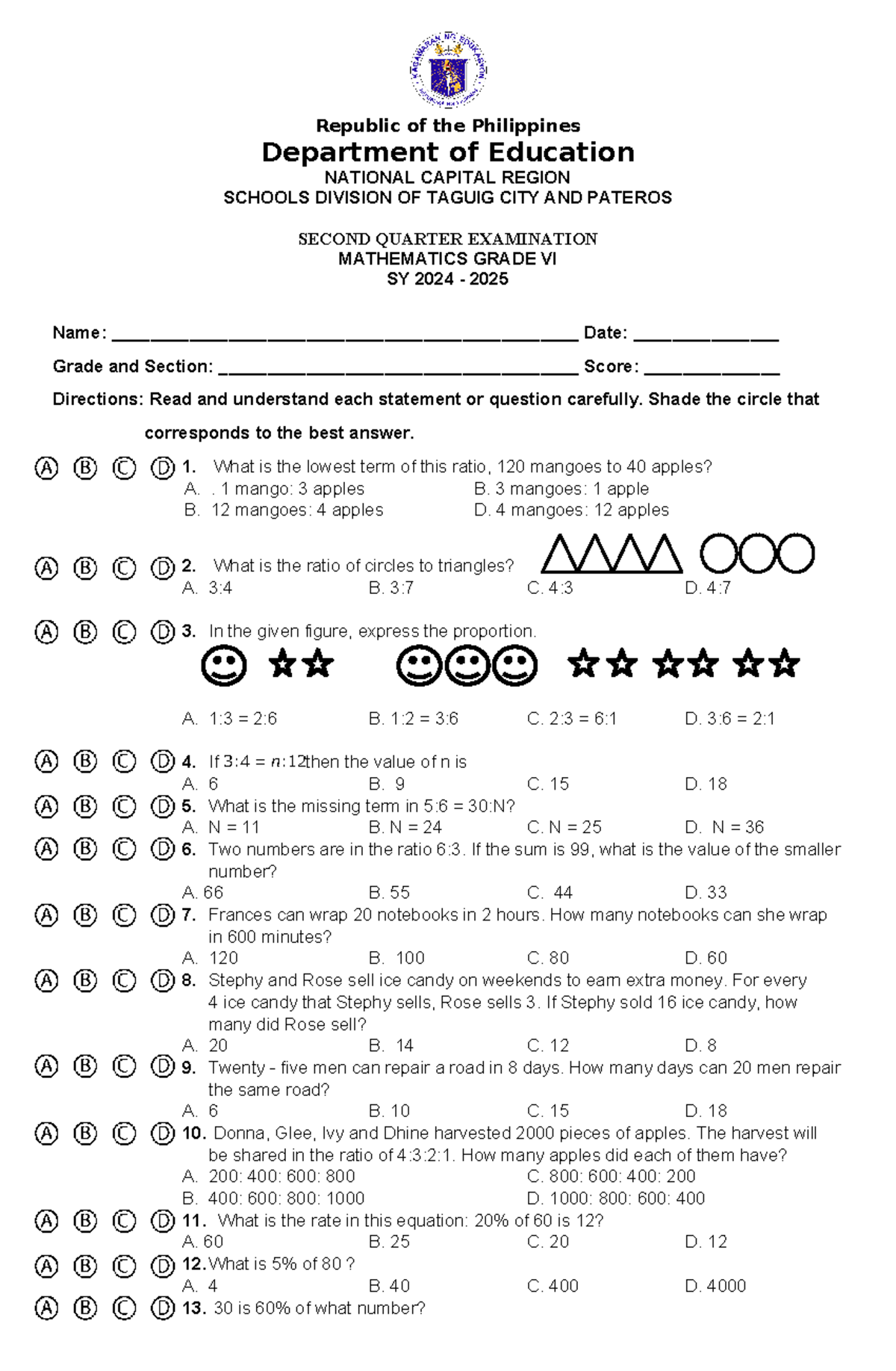 Q2 Math VI PT - Periodical Test - Republic of the Philippines ...