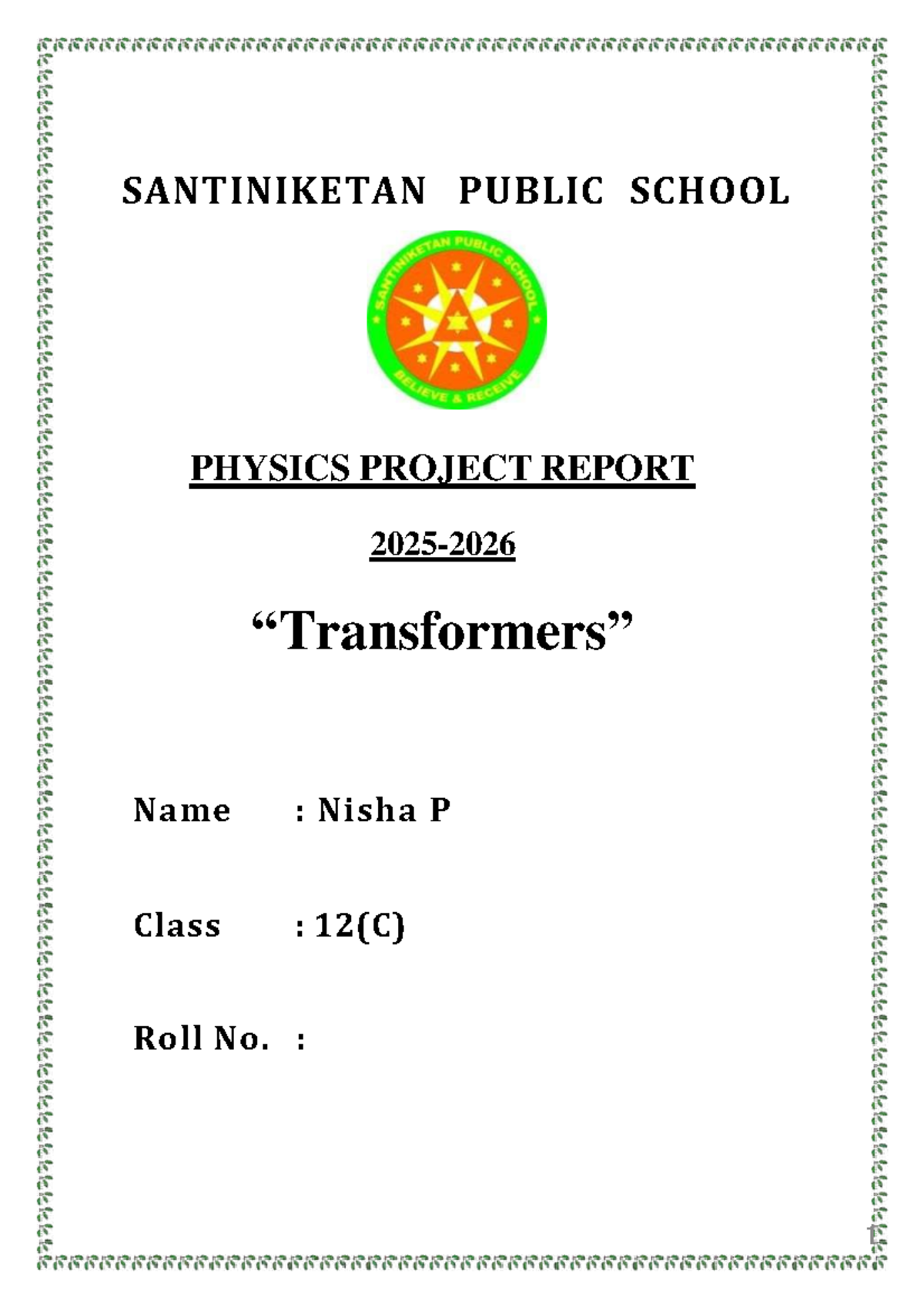 Physics Project Report on Transformers for Class 12 (2025-2026) - Studocu