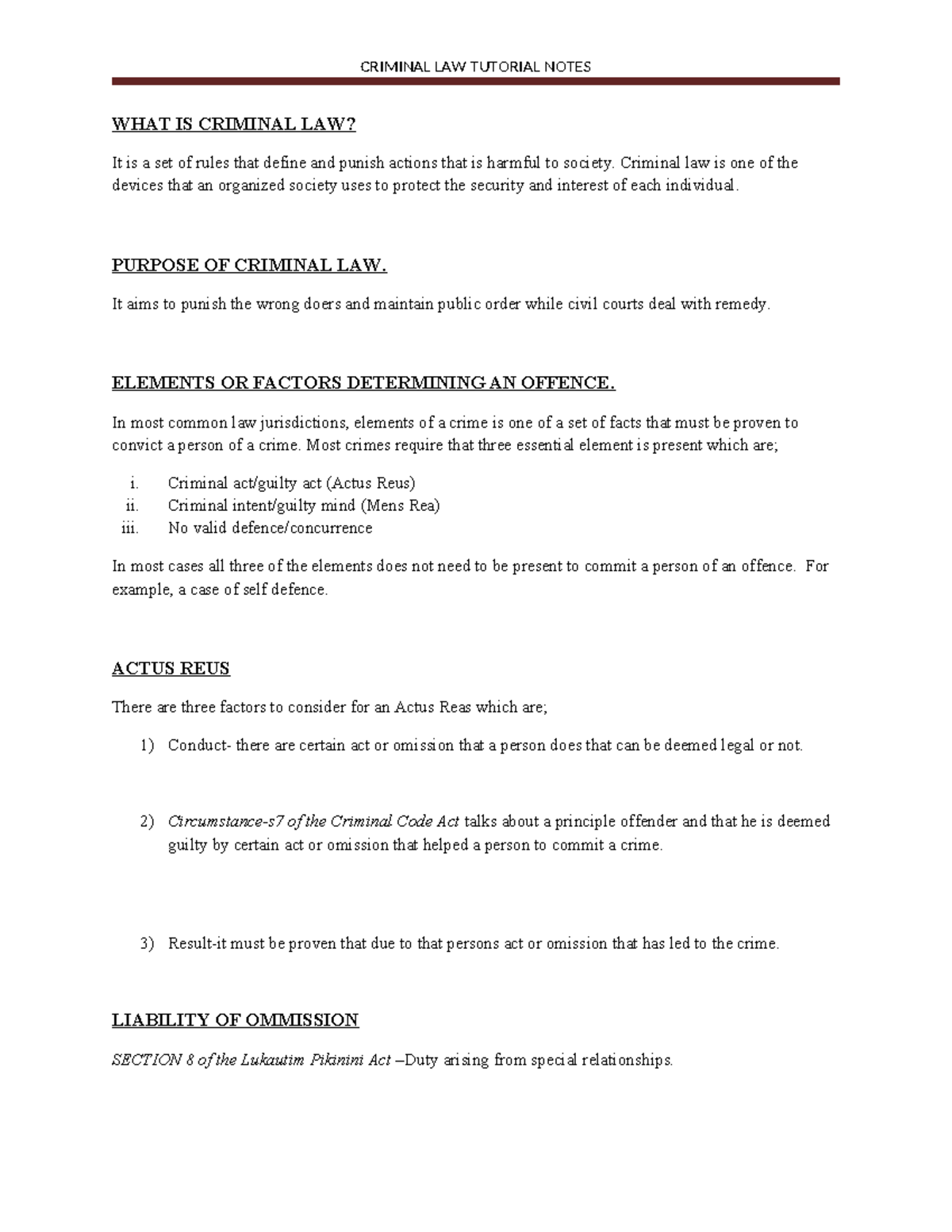 Criminal Law (Course Code) Tutorial Notes: Key Elements Explained - Studocu