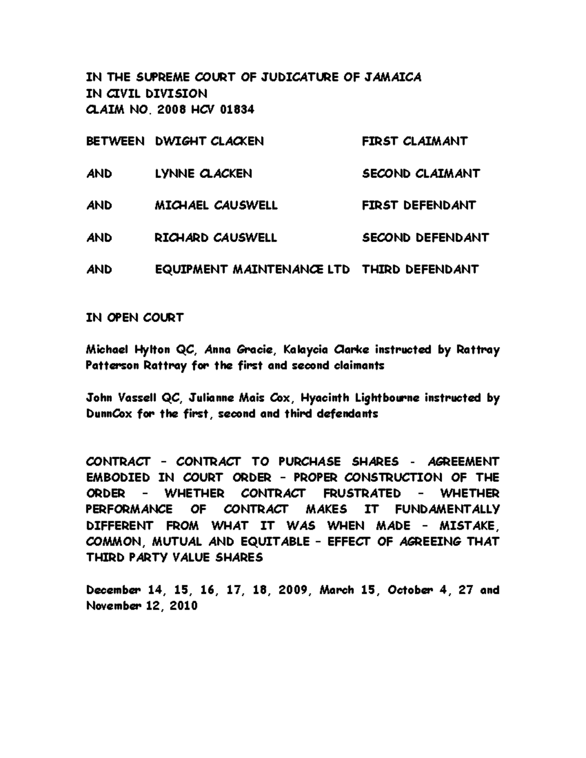 **Contract II Case Study - Clacken v Causwell Legal Interpretation ...