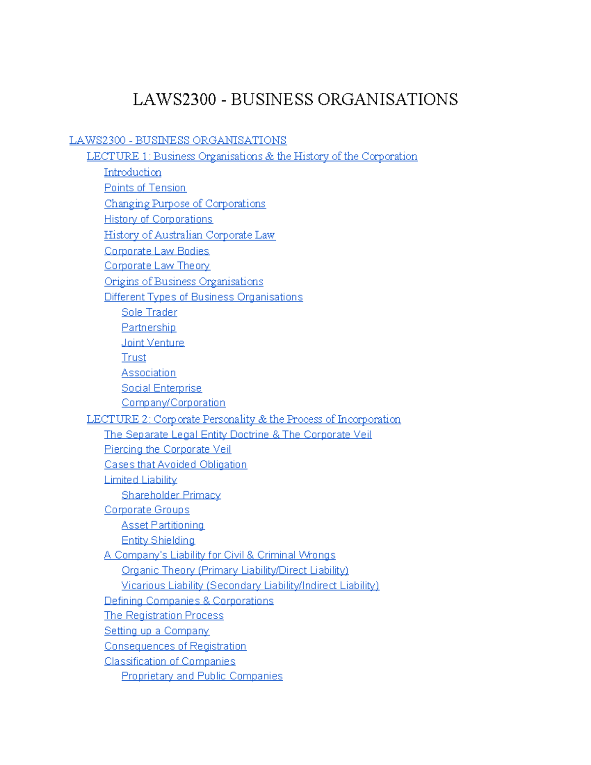 LAWS2300 Business Organisations Lecture Notes: History & Types of ...