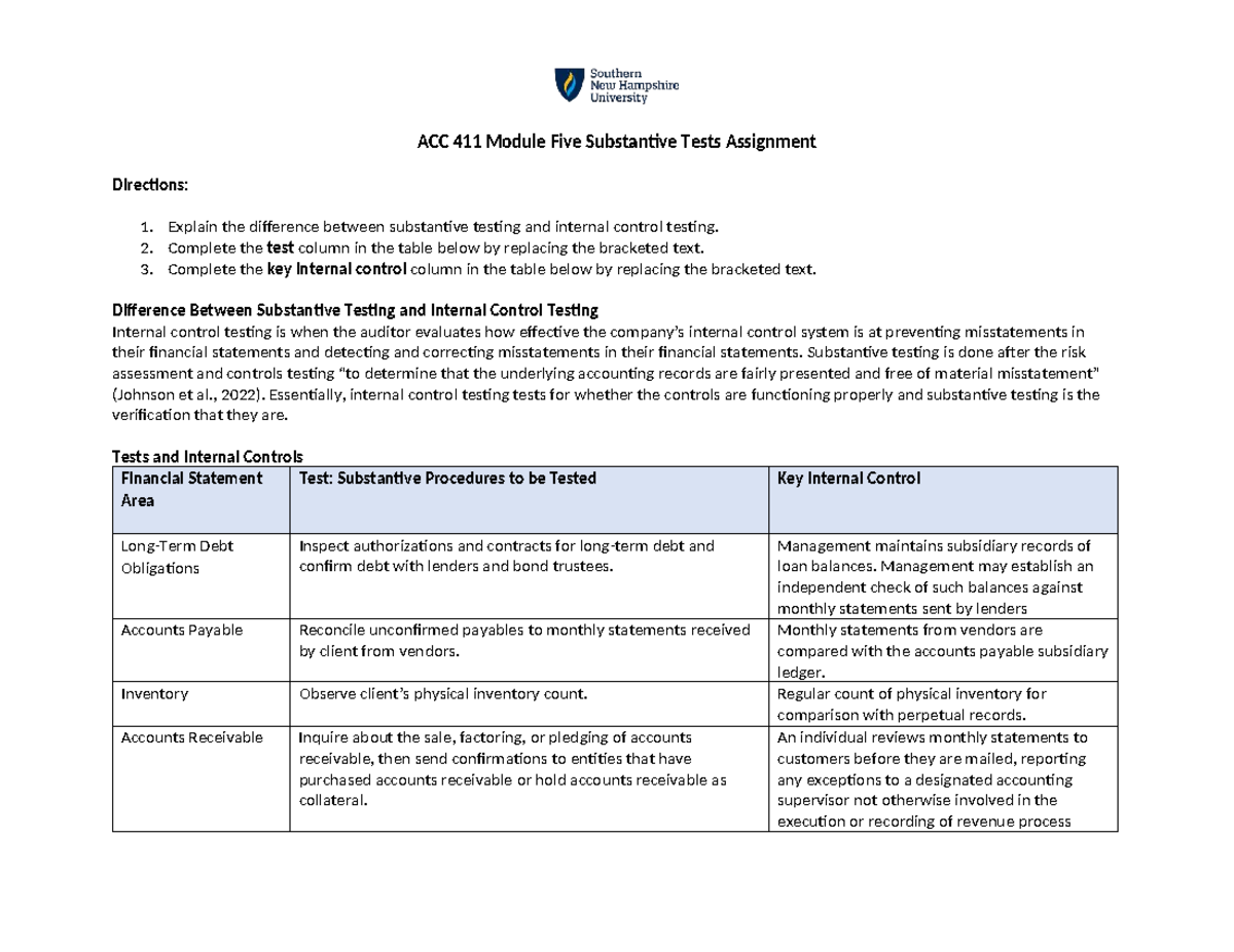 ACC 411 Module 5 Substantive vs. Internal Control Testing - Studocu