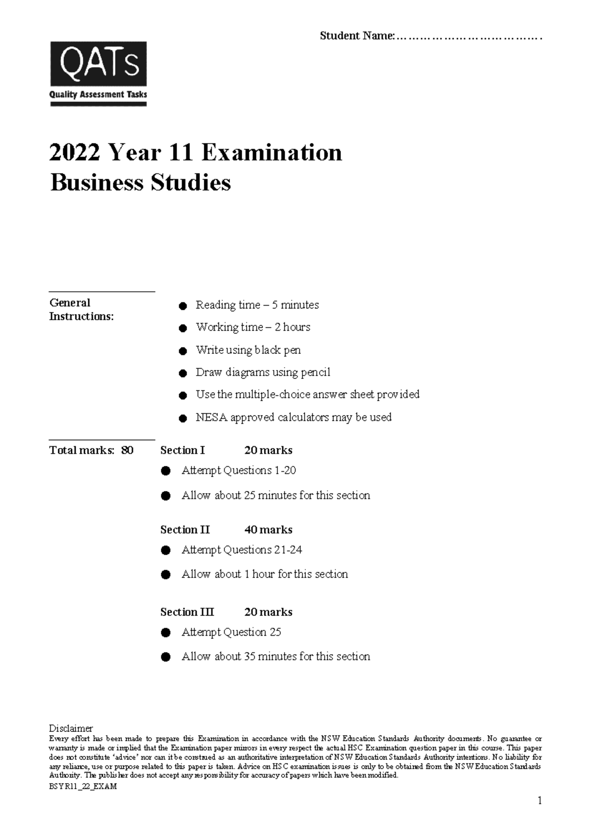 BSYR11_22_Exam: Business Studies Year 11 Past Paper - Studocu