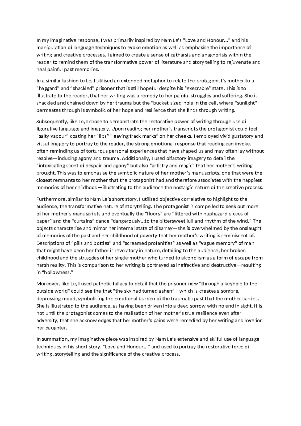 Self Reflection on Self-Reflexive Piece - In my imaginative response, I ...