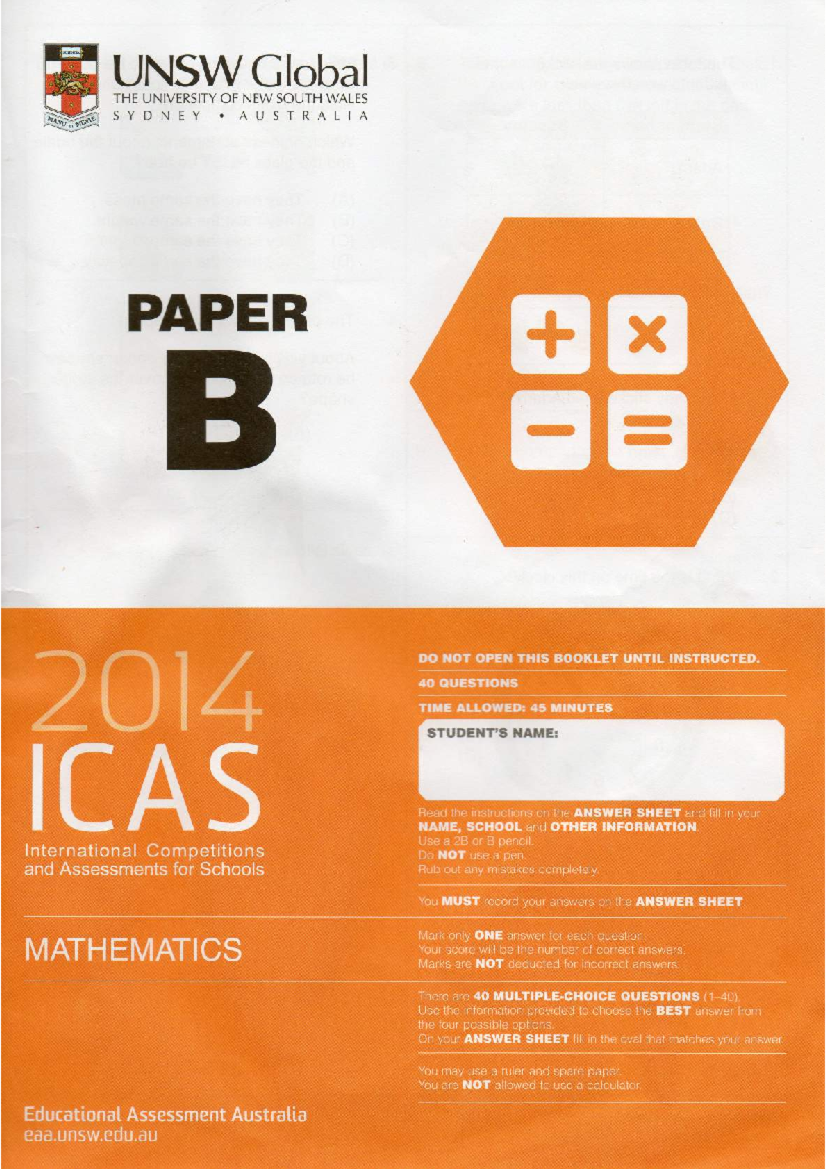 2014 Year 4 ICAS Maths Paper B with Answers - Studocu