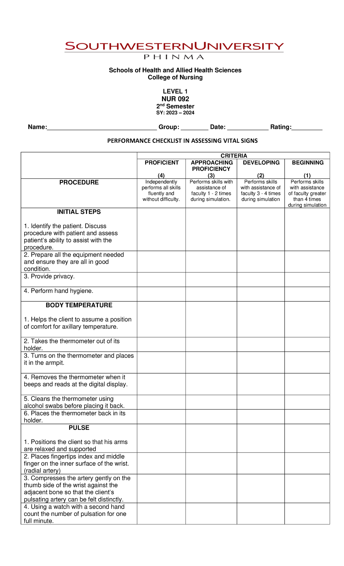Performance Checklist for Assessing Vital Signs - NUR 092 Level 1 - Studocu