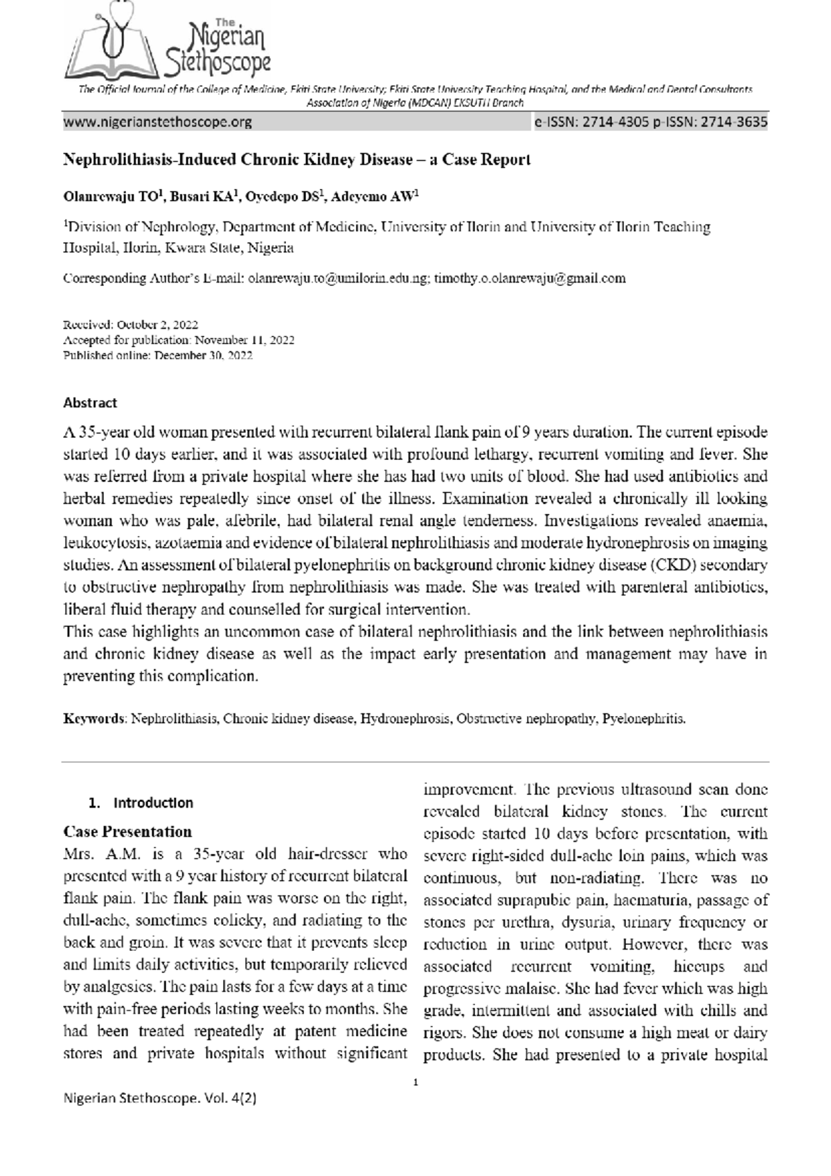Nephrolithiasis-Induced Chronic Kidney Disease: A Case Report (EKSUTH ...