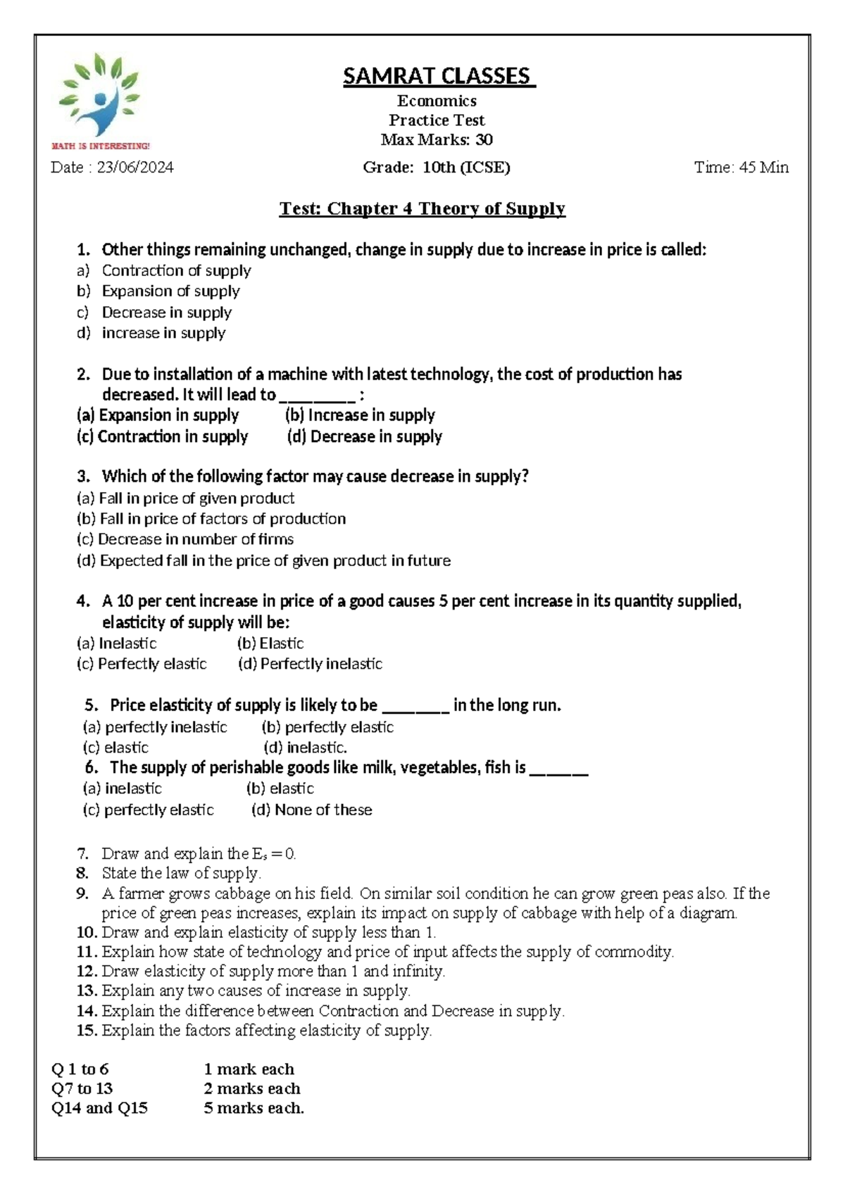 Samrat Classes - Home Assignment: Economics Chapter 4 Supply Test - Studocu