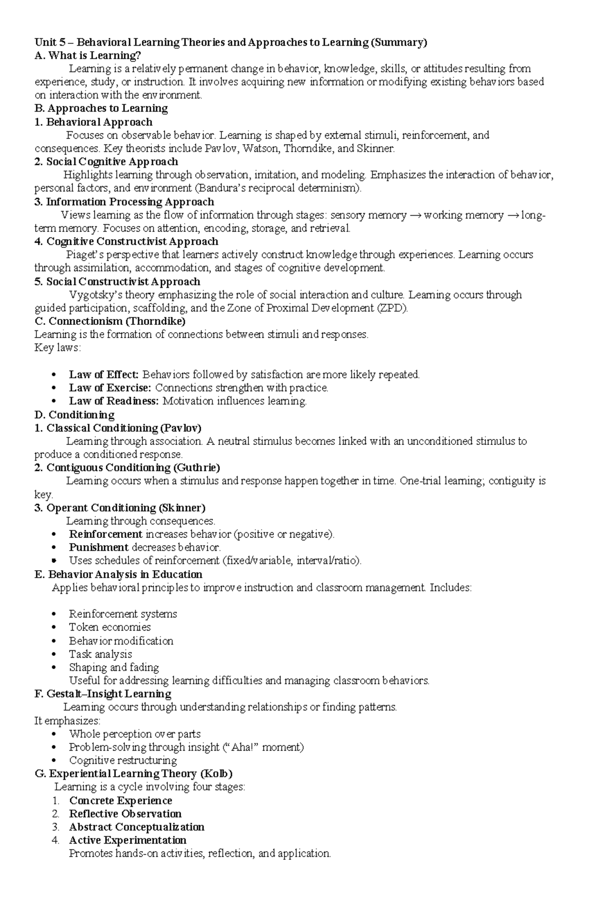 Unit 5 Behavioral Learning Theories - BPed Final Exam Summary - Studocu