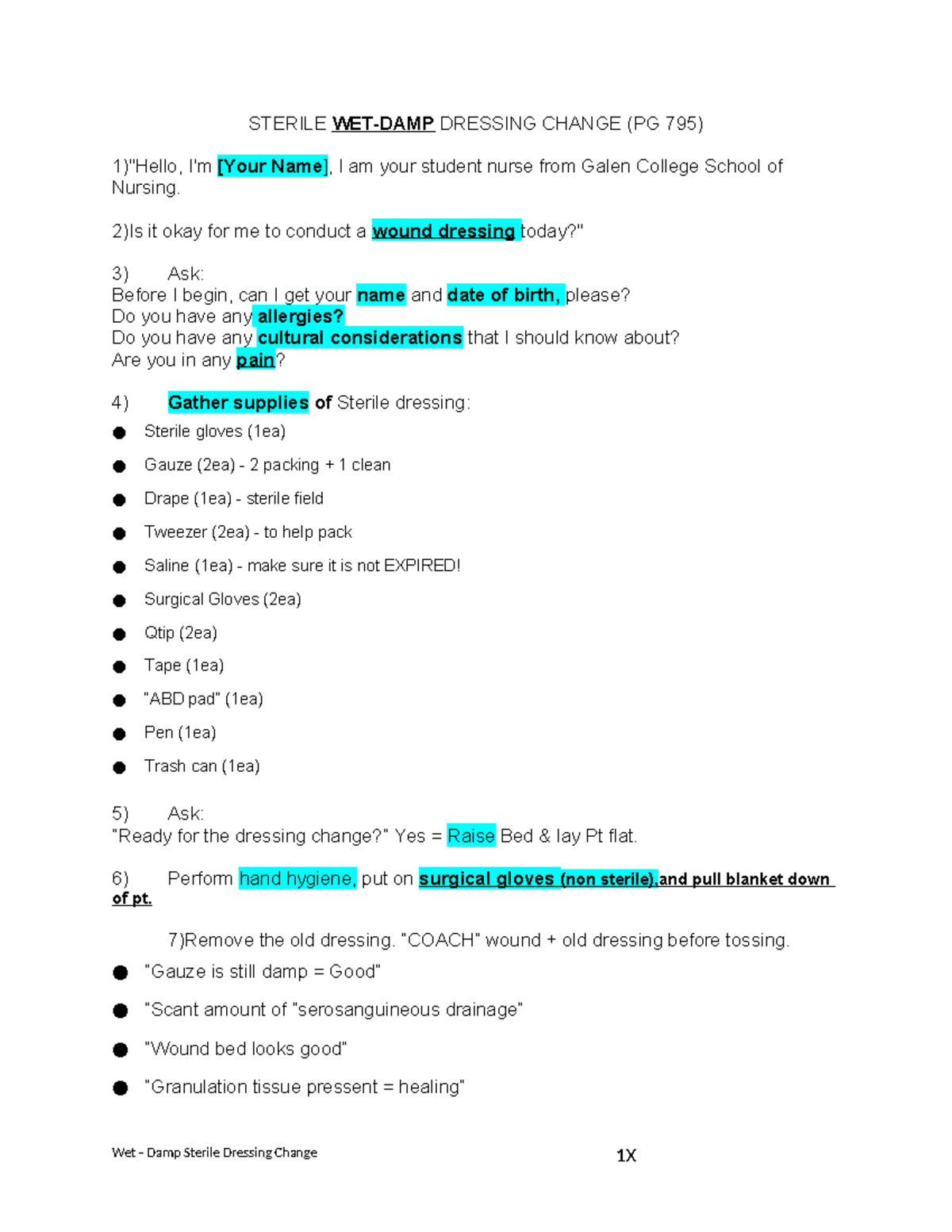 Sterile Dressing Change Procedure (PG 795) - Nursing Guide - Studocu