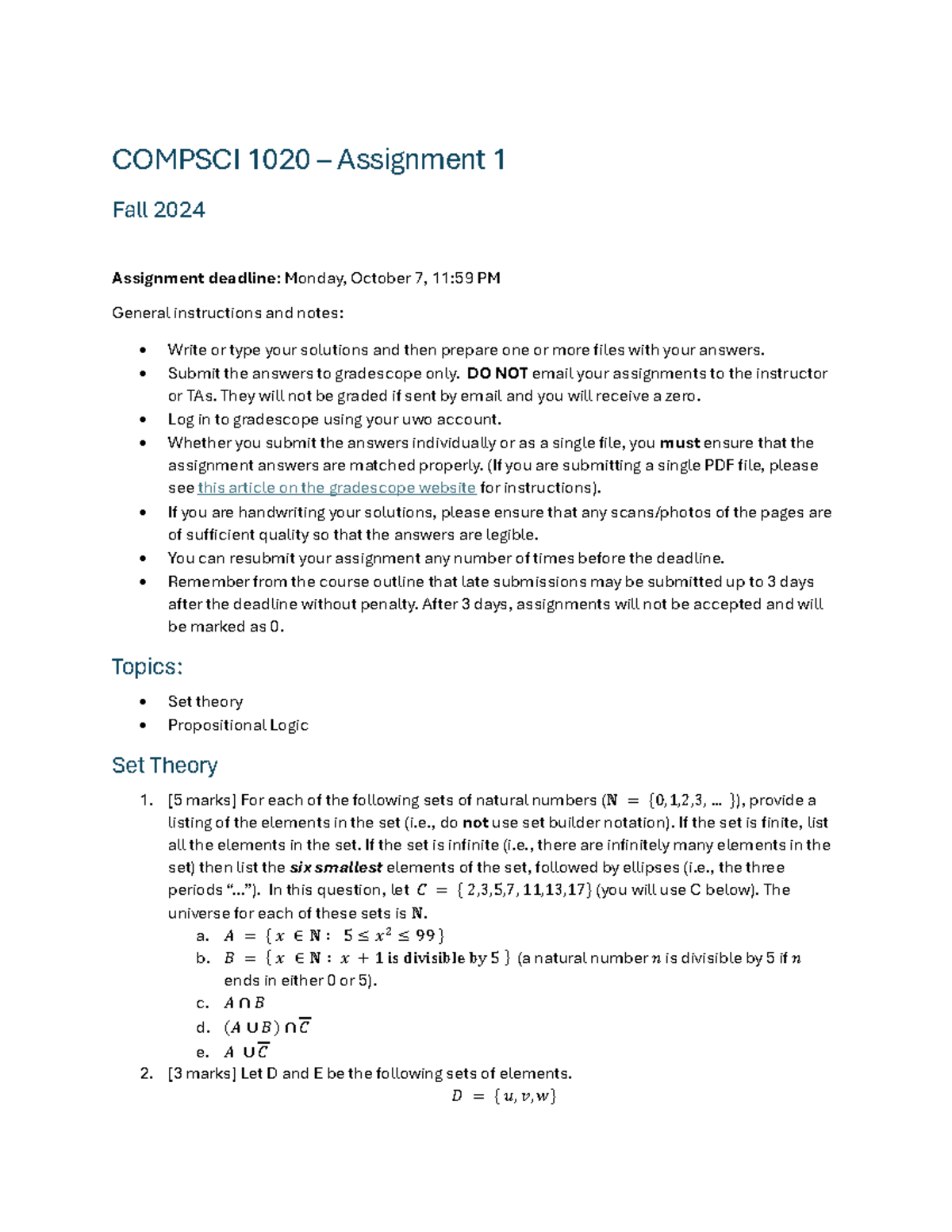Cs1020-Assignment 1 - Set Theory and Propositional Logic Tasks - Studocu
