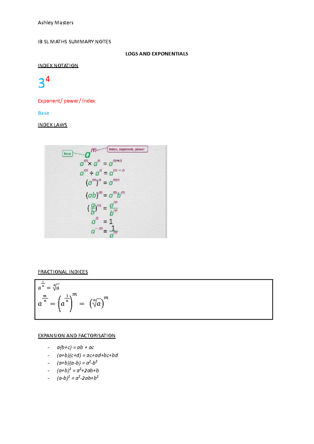 IB SL MATHS SUMMARY NOTES: LOGS, EXPONENTIALS & FUNCTIONS - Studocu