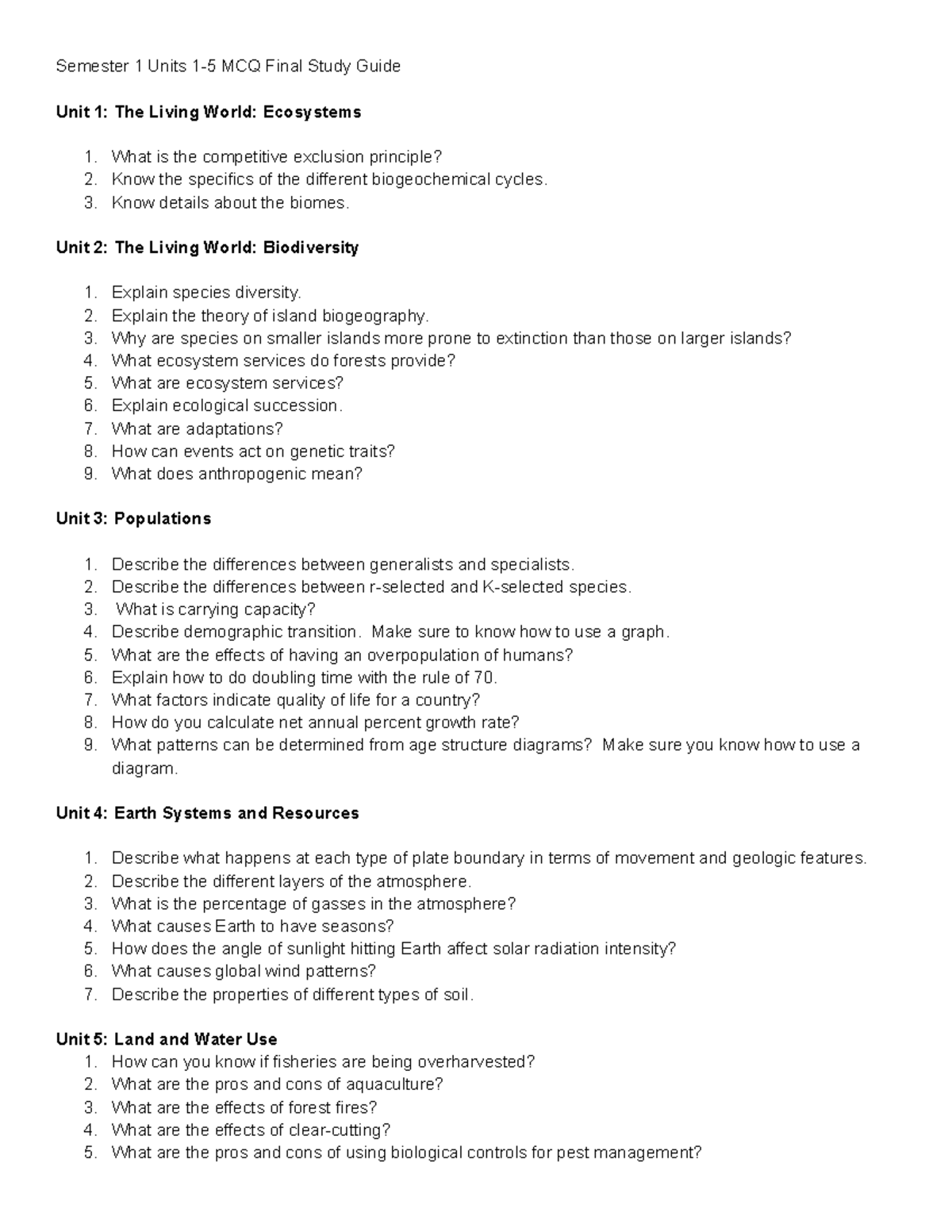 Semester 1 Units 1-5 MCQ Final Study Guide: Ecosystems & Biodiversity ...