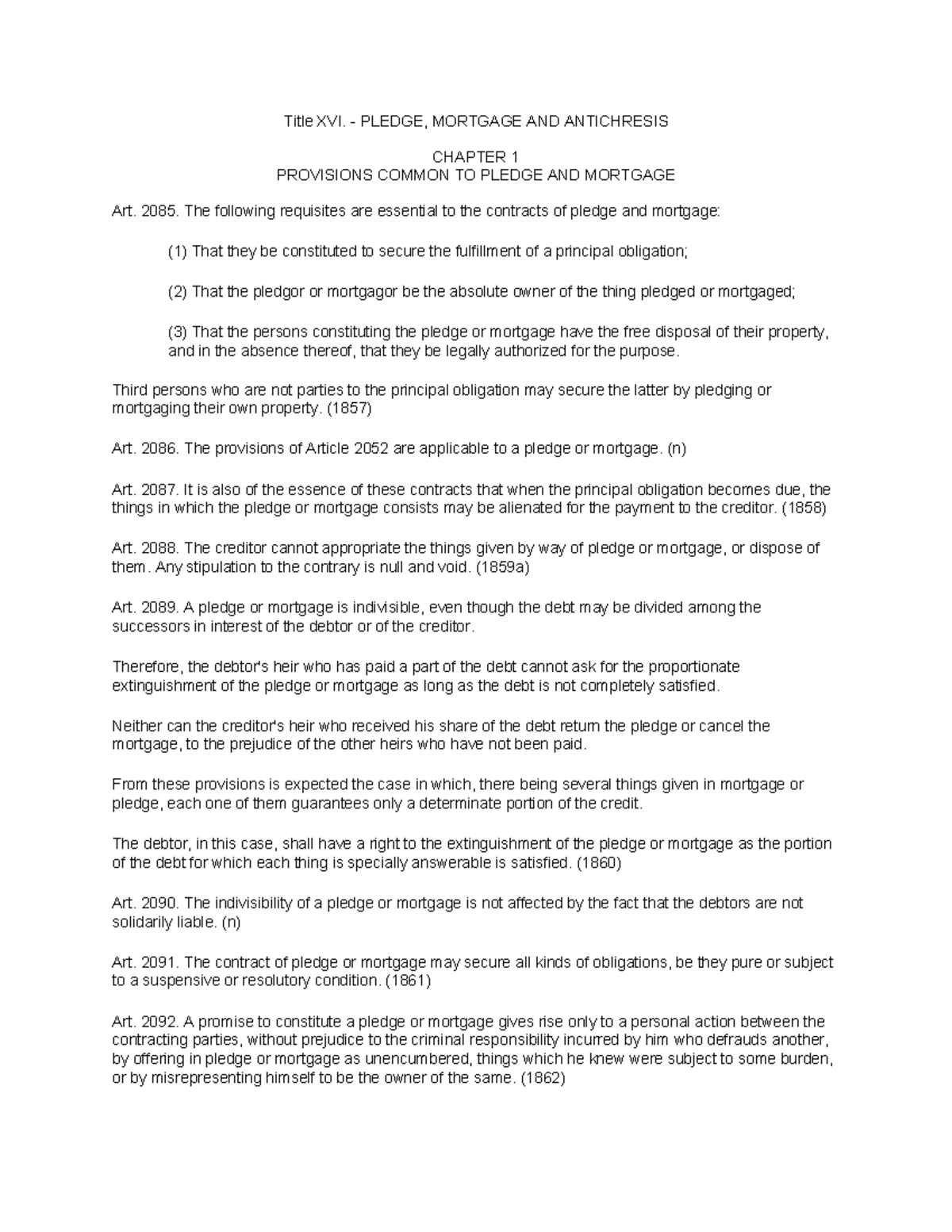 Title XVI: Pledge, Mortgage, and Antichresis - Law on Credit ...