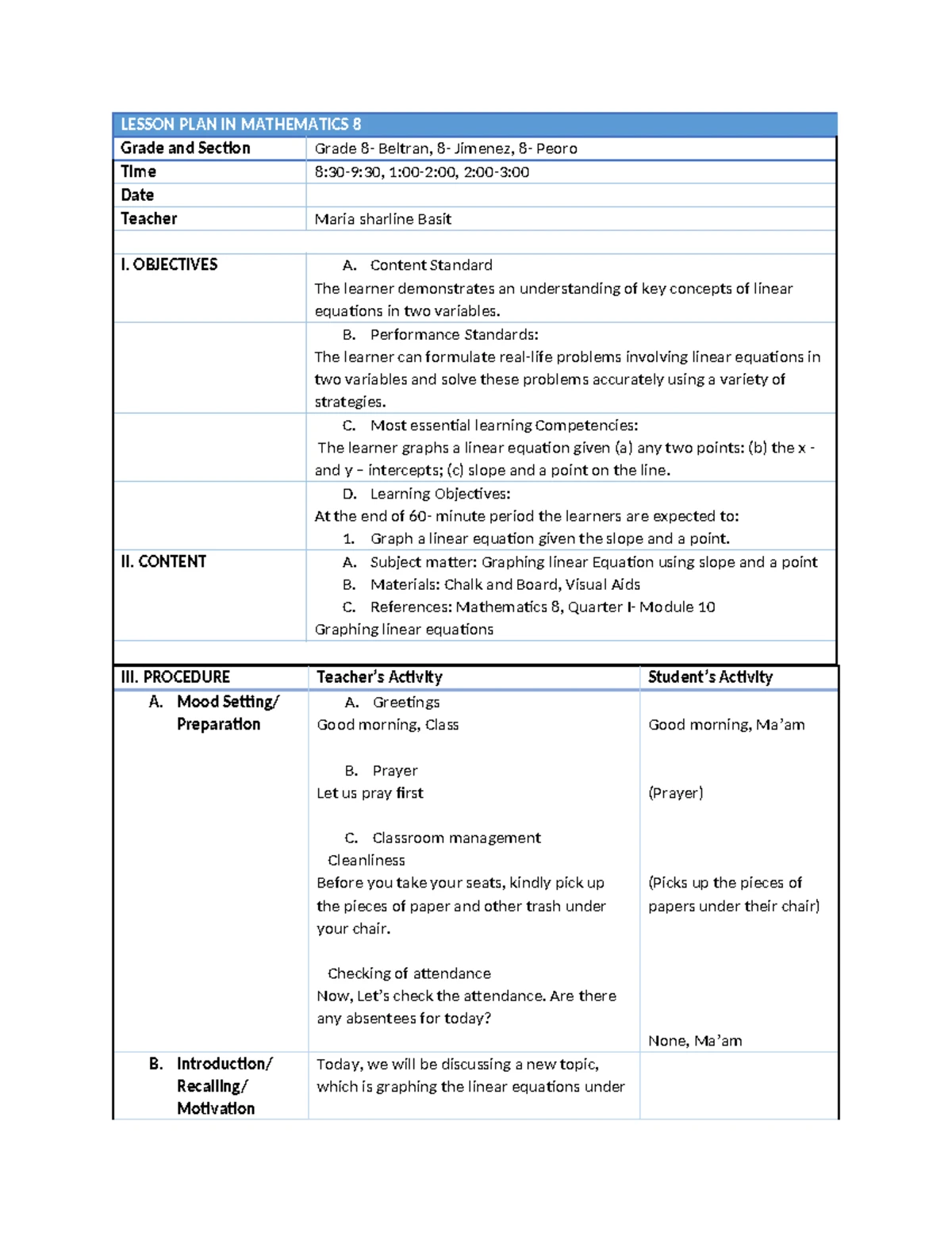 Mathematics 8 Summative Test: Explicit Lesson Plan & Student Feedback ...
