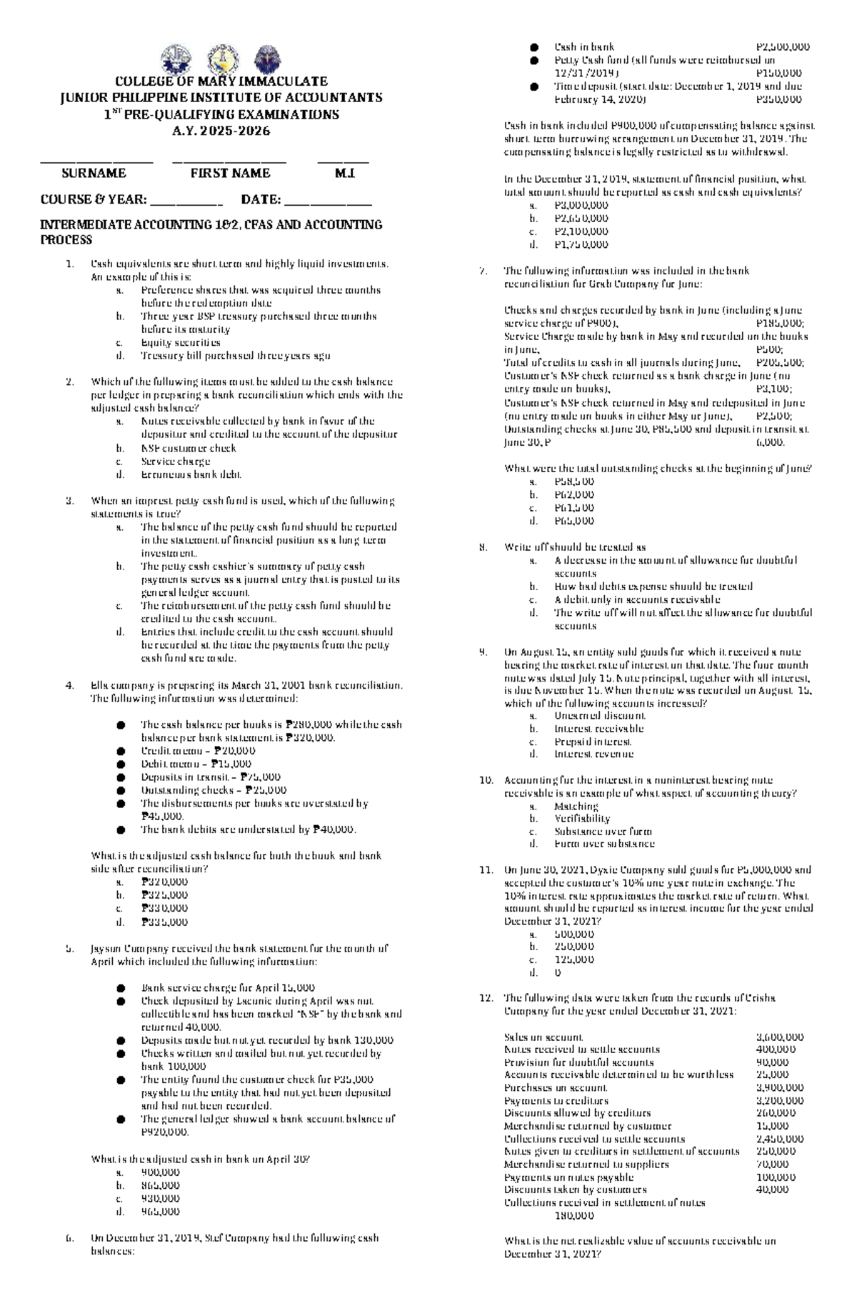 Intermediate Accounting CFAS: 1st Year Pre-Qualifying Exam ...