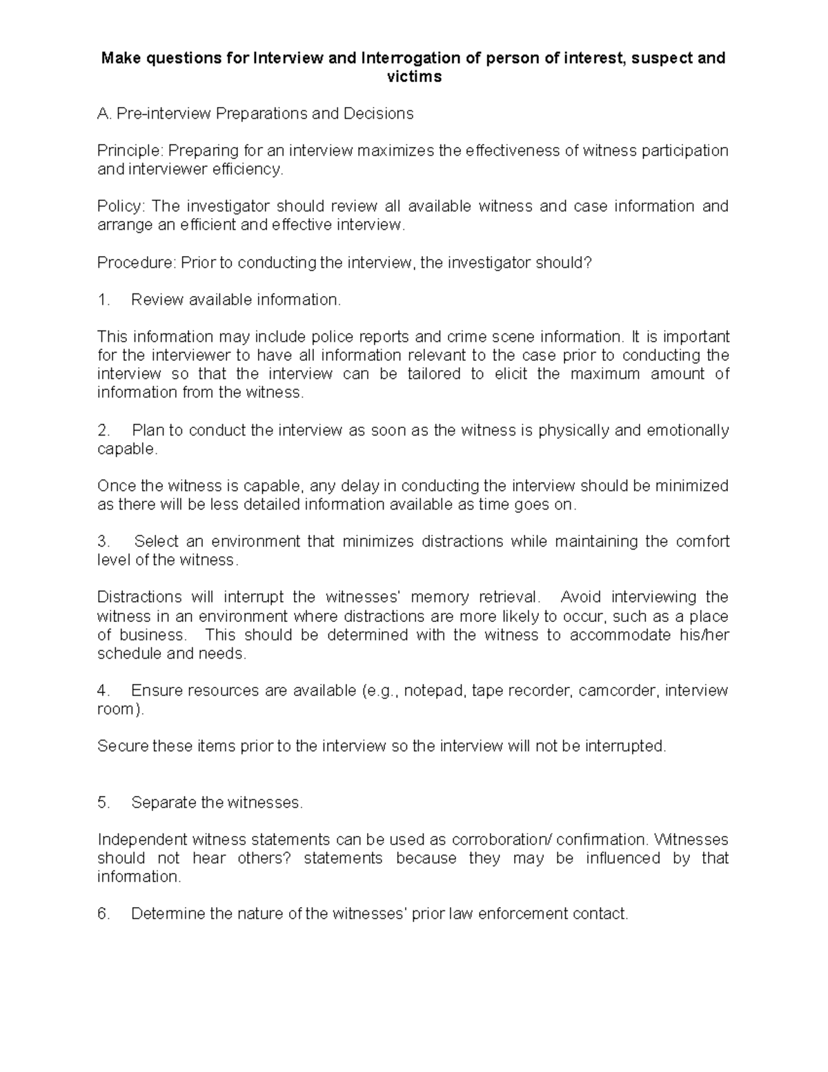 Make questions for Interview and Interrogation of person of interest ...