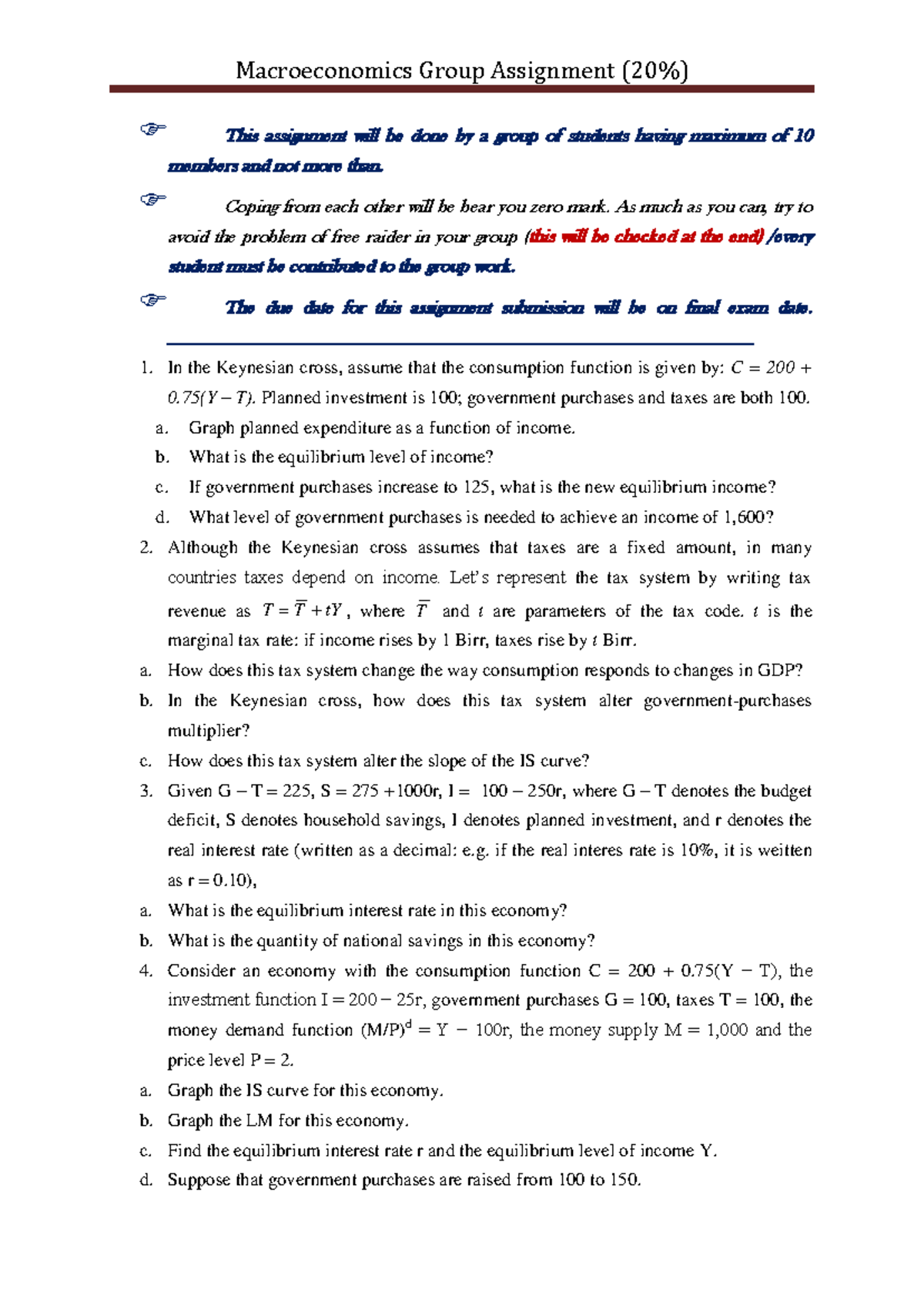 Macroeconomics Assignment 2024 - Macroeconomics Group Assignment (20% ...