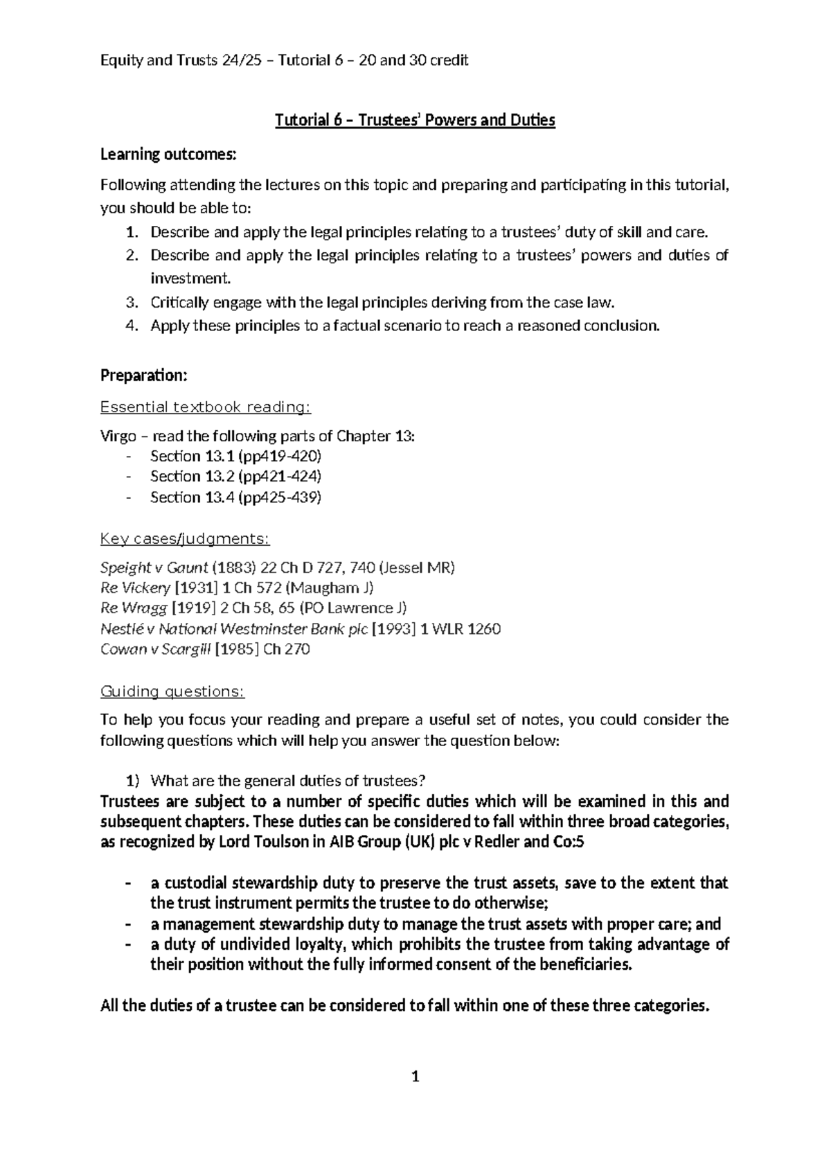 Tutorial 6 - worksheet - Tutorial 6 – Trustees’ Powers and Duties ...