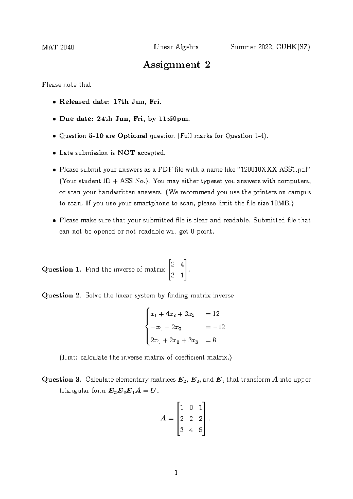 MAT2040 HW2 - Linear Algebra Assignment 2 Summary and Guidelines - Studocu