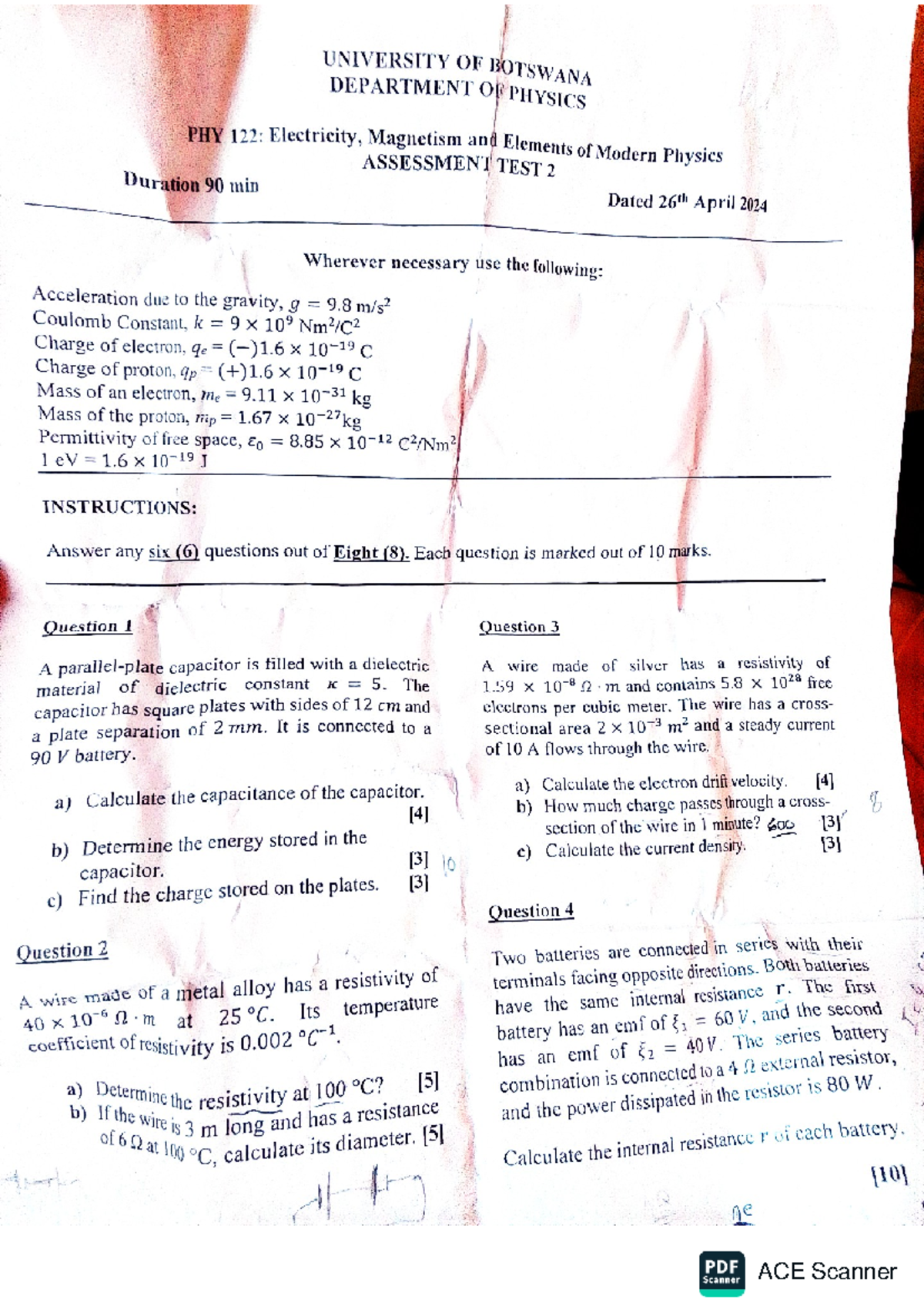 PHY 122: Electricity & Magnetism Assessment Test 2 - April 2024 - Studocu