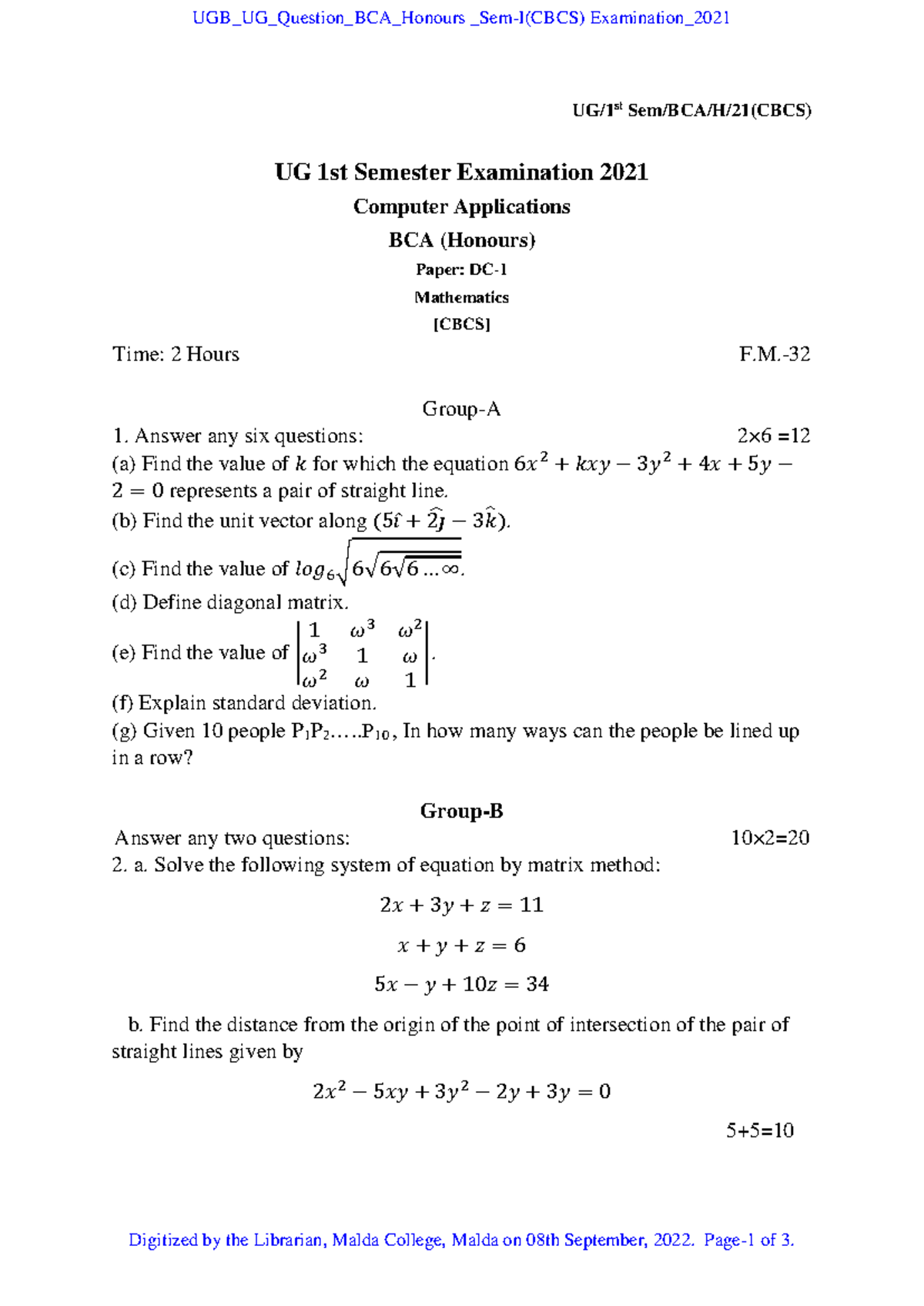 UG BCA 1st Sem (CBCS) Mathematics Exam - Questions & Solutions 2021 ...