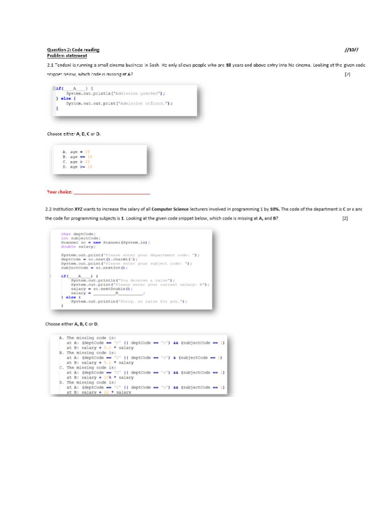 Unit D Activity - Practice Notes: Code Reading & Java Snippets - Studocu