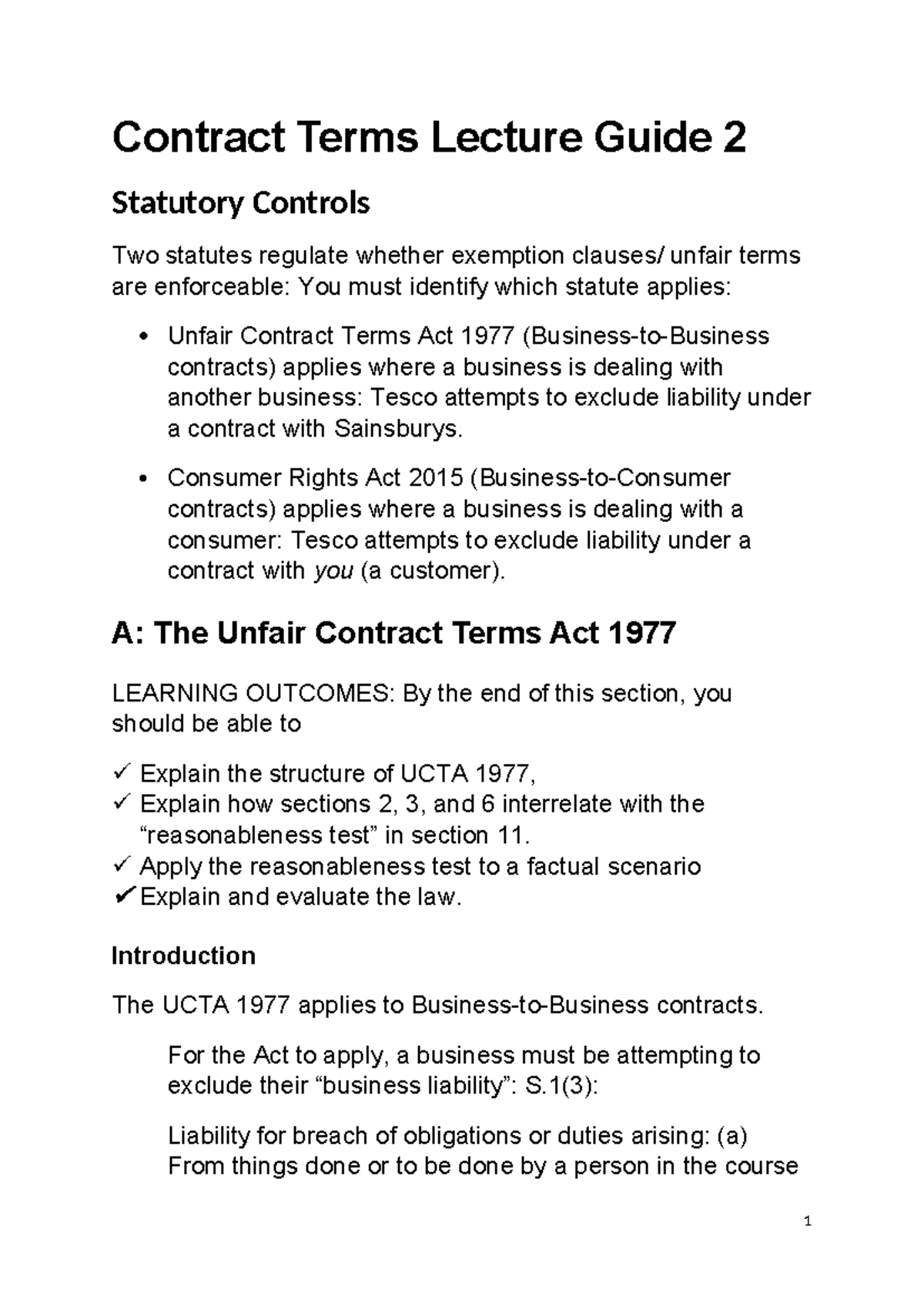 Contract T5 Lecture Guide 2: Understanding Statutory Controls on Unfair ...